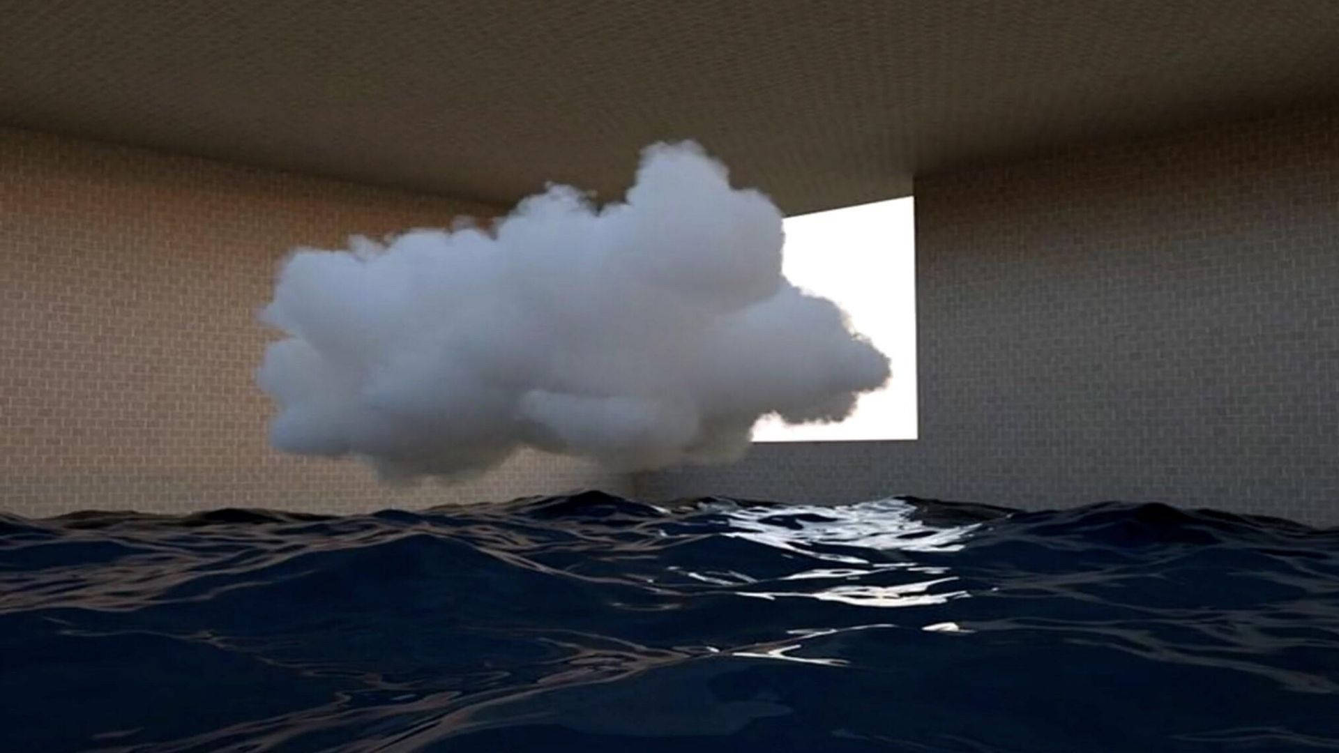 夢核 桌布 壁紙 — 一個超現實的3D渲染場景，一朵蓬鬆的白雲漂浮在黑暗的海洋上方，房間內有紋理牆壁和一扇明亮的窗戶。