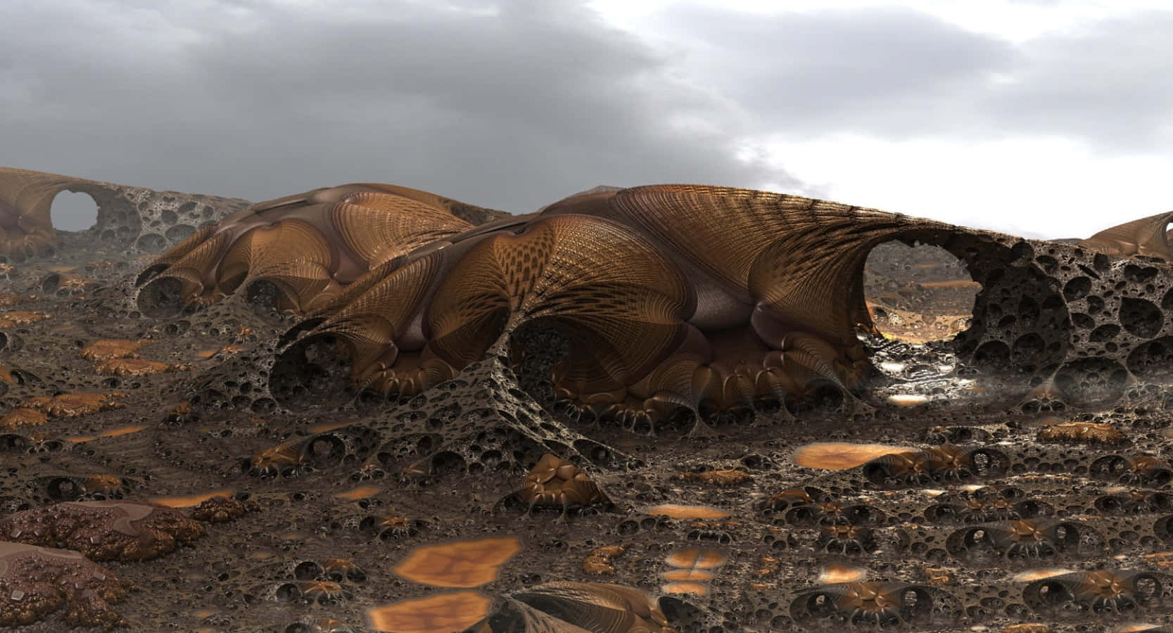 Terraforming 桌布 壁紙 — 一個超現實的3D渲染外星景觀，有機蜂巢結構和紋理化的棕色地形，在陰天天空下。