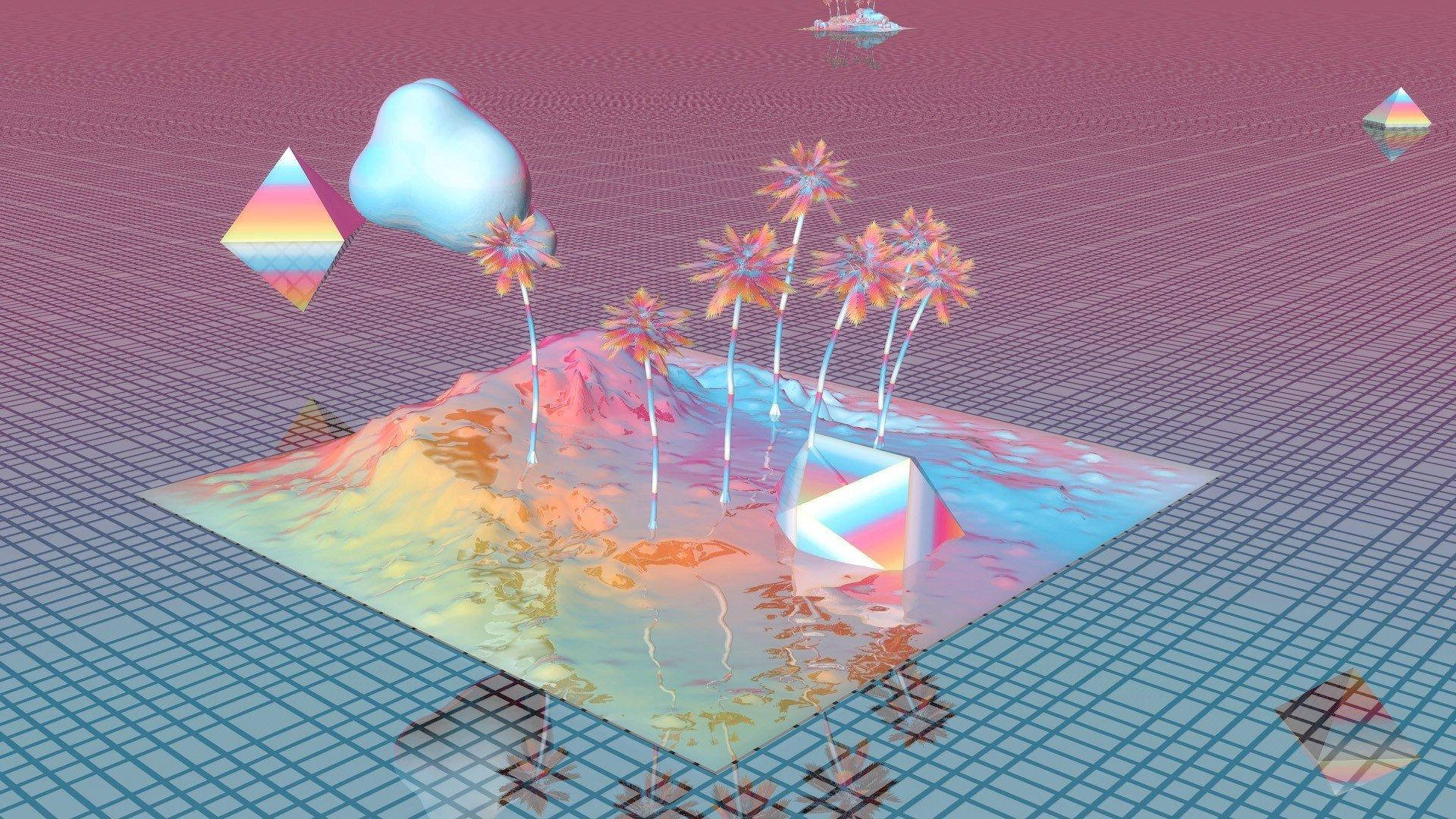 蒸氣波 桌布 壁紙 — 一個超現實的3D渲染島嶼，有棕櫚樹和幾何形狀，漂浮在粉紅色天空下的網格上。