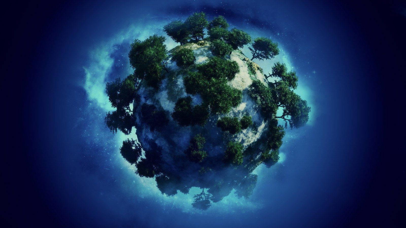 Earth Day 桌布 壁紙 — 一個超現實的3D渲染星球，覆蓋著茂密的綠色樹木，漂浮在星光閃爍的宇宙藍色虛空中。