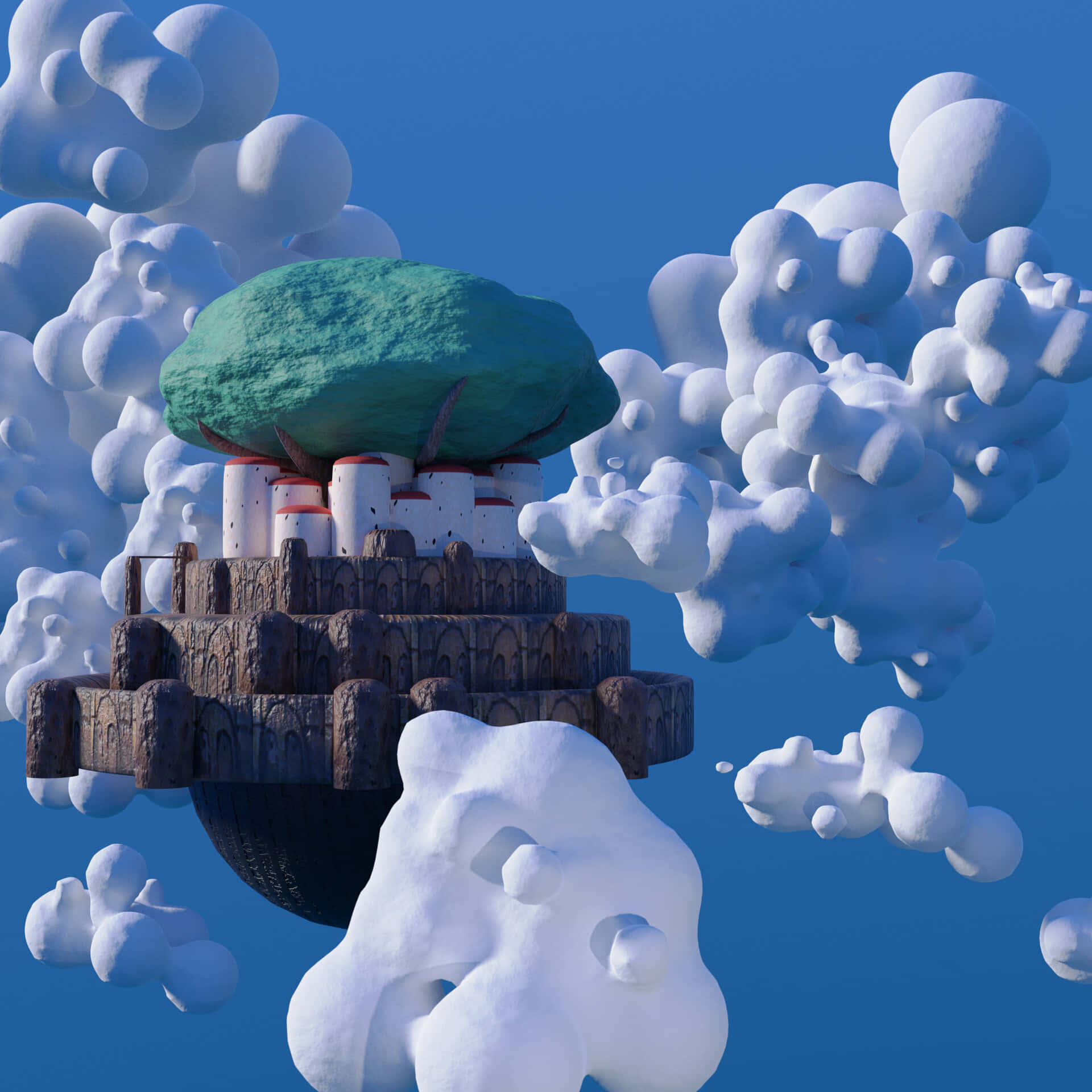 Laputa Castle In The Sky 桌布 壁紙 — 一個超現實的3D渲染浮島，石柱上有一棵巨大的綠色樹木，周圍是蓬鬆的白雲，襯托著清澈的藍天。