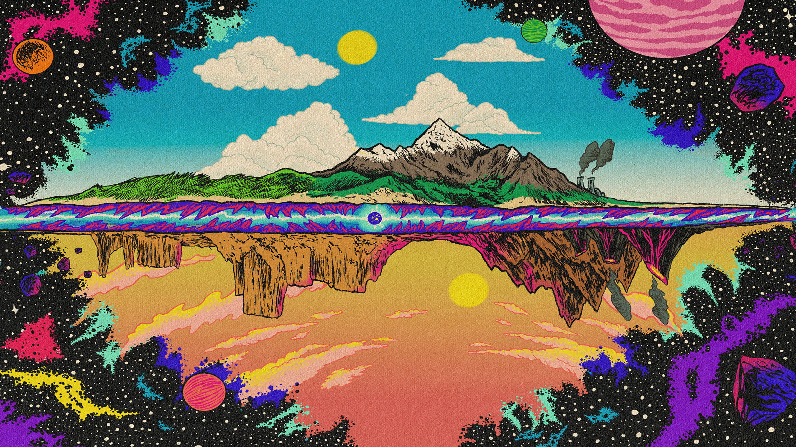 桌布 壁紙 — 一個超現實的分層景觀，山脈在帶有行星和雲朵的天空下，倒映在迷幻多彩的地下世界。