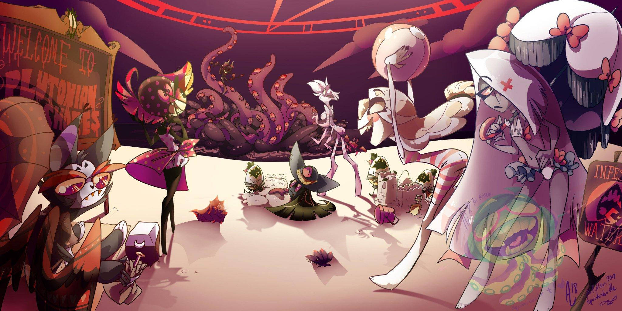 Hazbin Hotel 桌布 壁紙 — 一個超現實的動漫場景，在一個地獄般的嘉年華中，有怪誕的角色和 monstrous 觸手，在紅色拱門下。