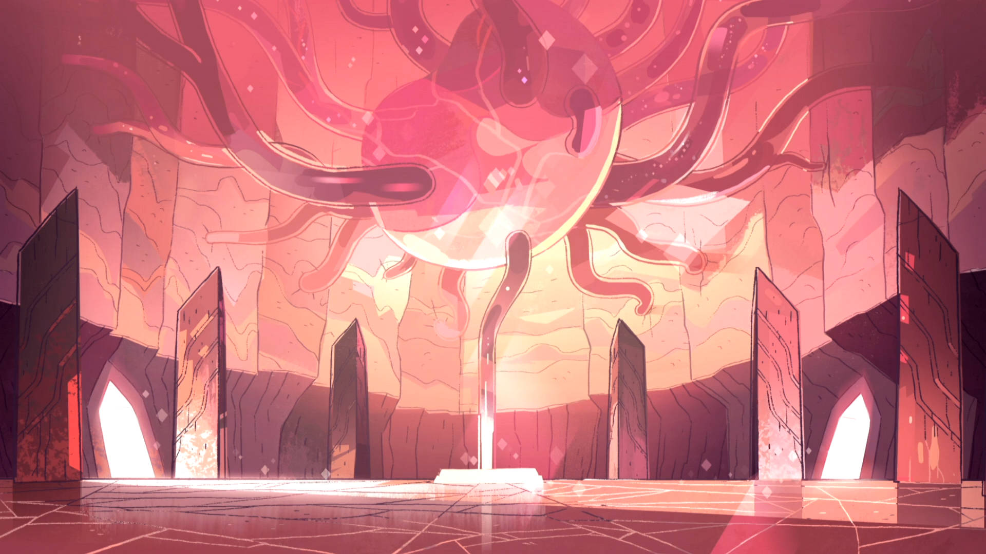 Steven Universe iPad 桌布 壁紙 — 一個超現實的動漫場景，發光的粉紅色球體懸浮在一個洞穴般的房間裡的石台上，周圍有高聳的柱子。