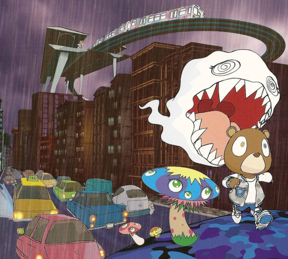 一隻熊和蘑菇生物在雨中城市與幽靈鯊魚和單軌鐵路一起行走。 — 鬼魂 GIF 壁紙