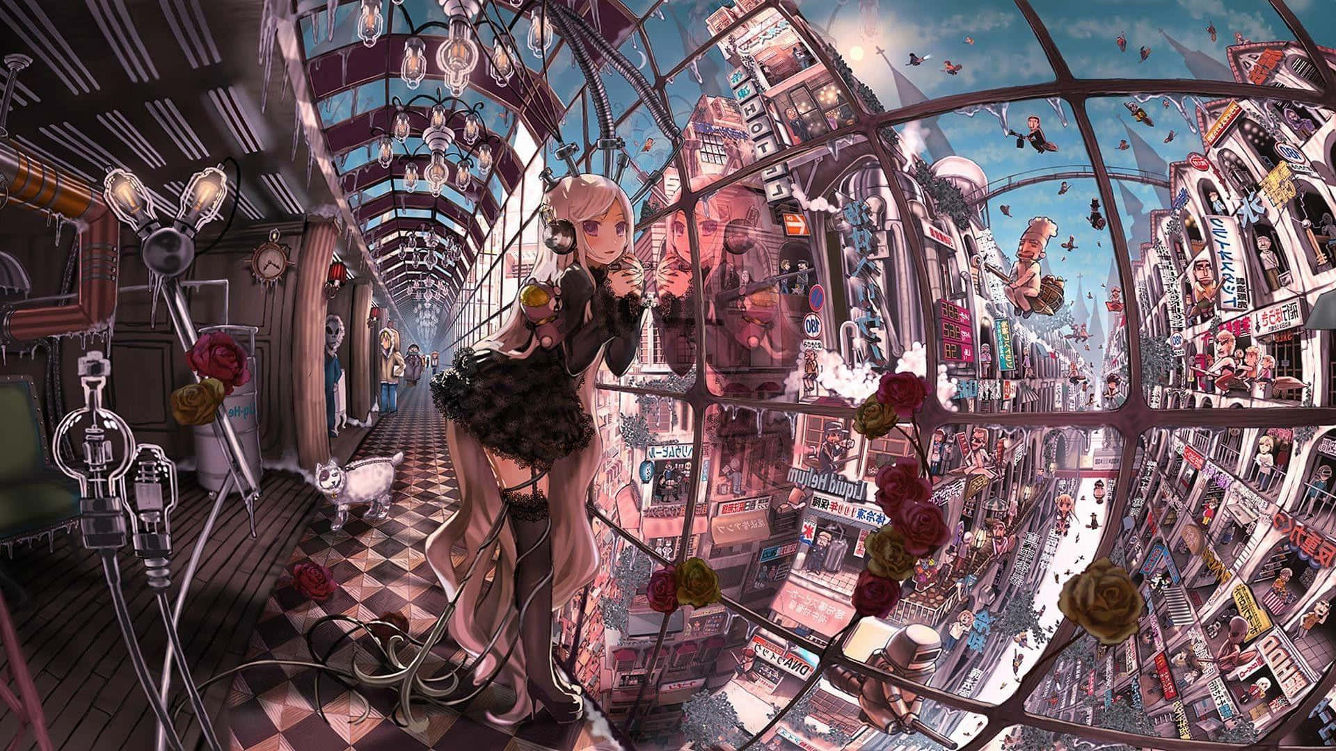動漫 桌布 壁紙 — 一個超現實的動漫女孩站在扭曲的玻璃走廊上，俯瞰著一個充滿玫瑰和復古科技的混亂浮動城市景觀。
