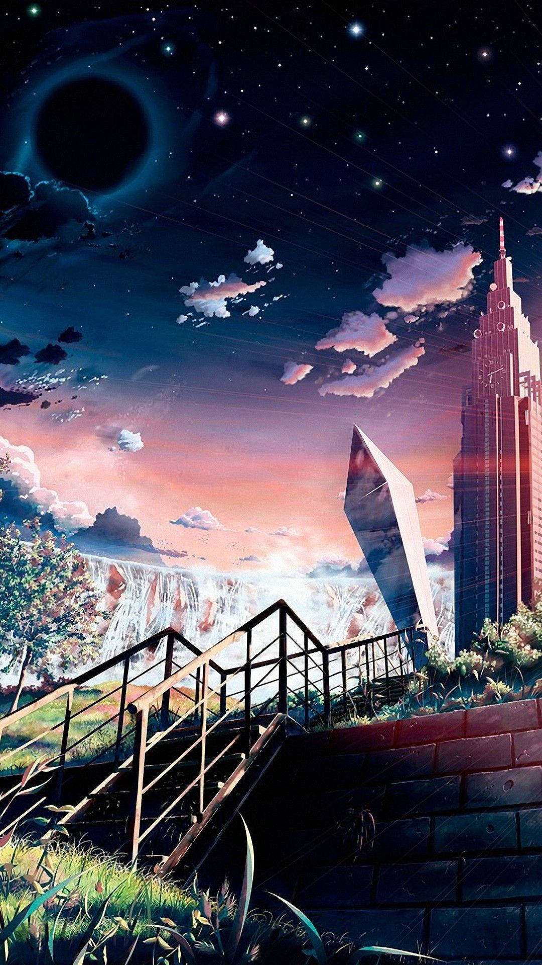 動態圖 桌布 壁紙 — 一個超現實的動漫風格場景，樓梯通往一個在星空下帶有黑洞的未來城市。