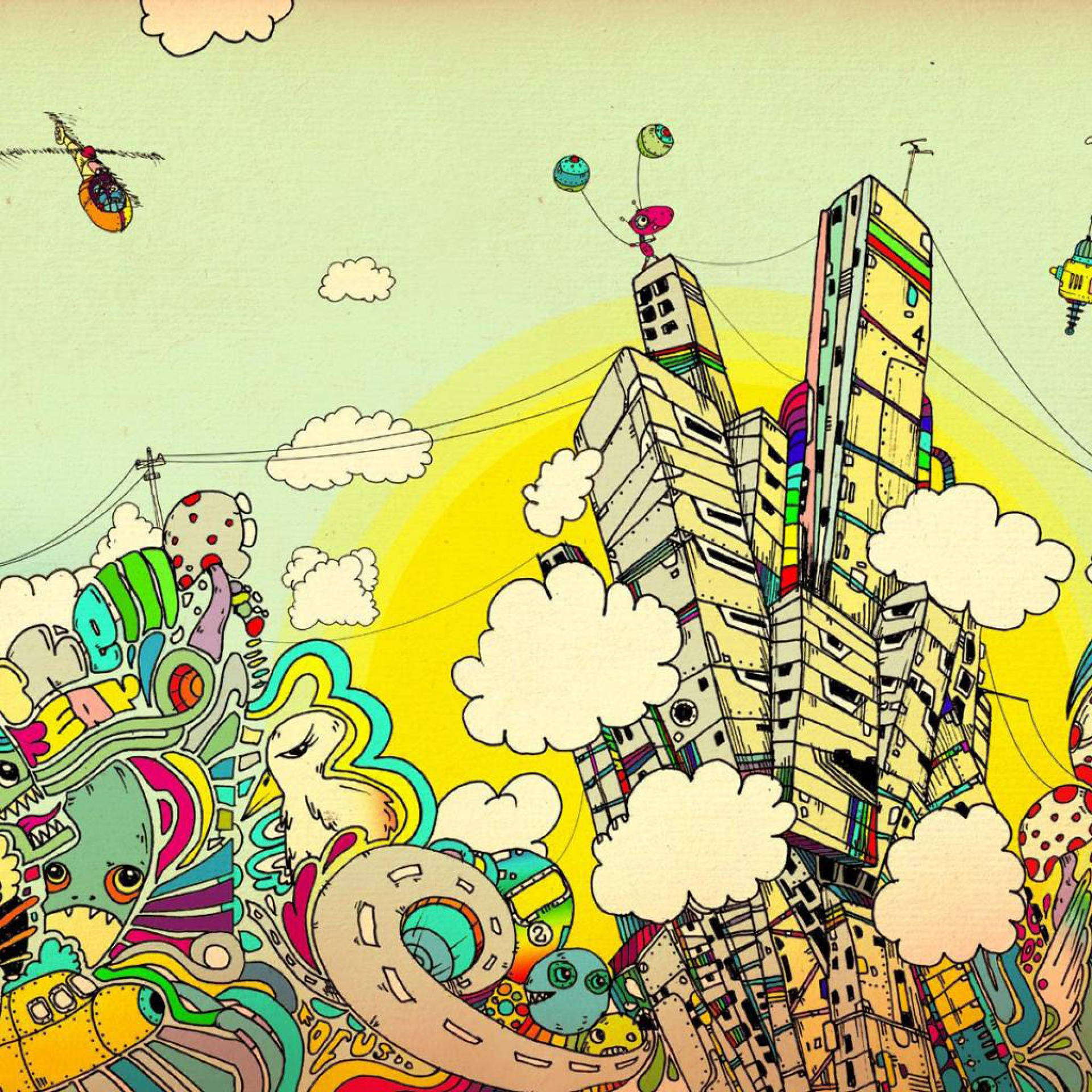 一個古怪的卡通城市，在明亮的太陽下，有色彩繽紛的建築物和漂浮的生物。 — 迷幻動圖 壁紙