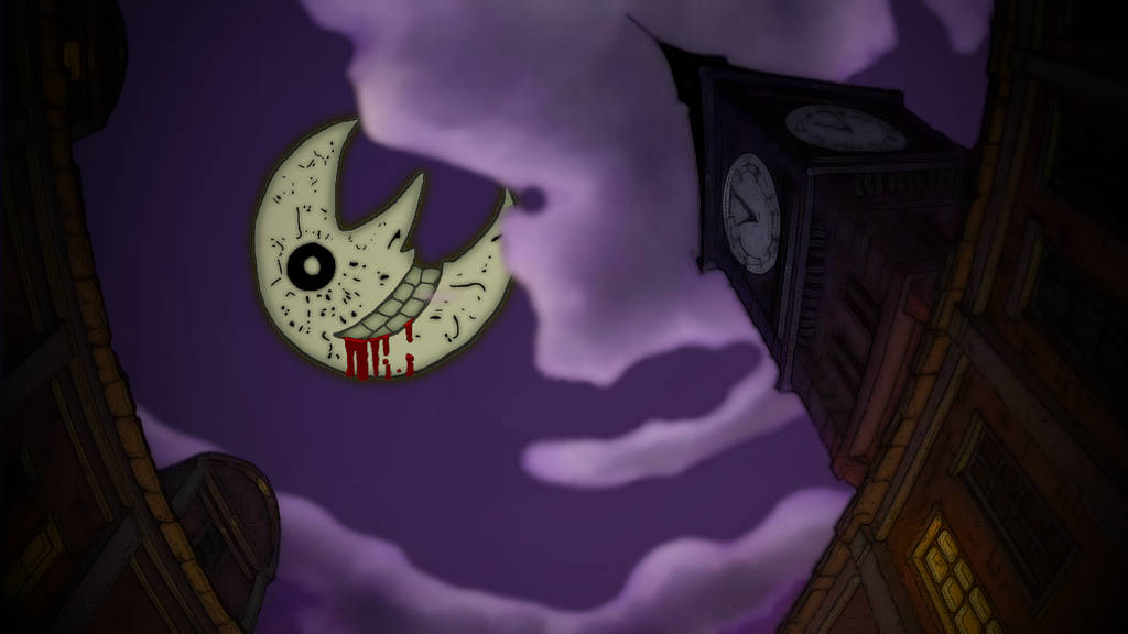 soul eater moon 桌布 壁紙 — 一個超現實的卡通月亮，單眼並從喙滴血，在紫色風暴雲下籠罩著鐘樓。