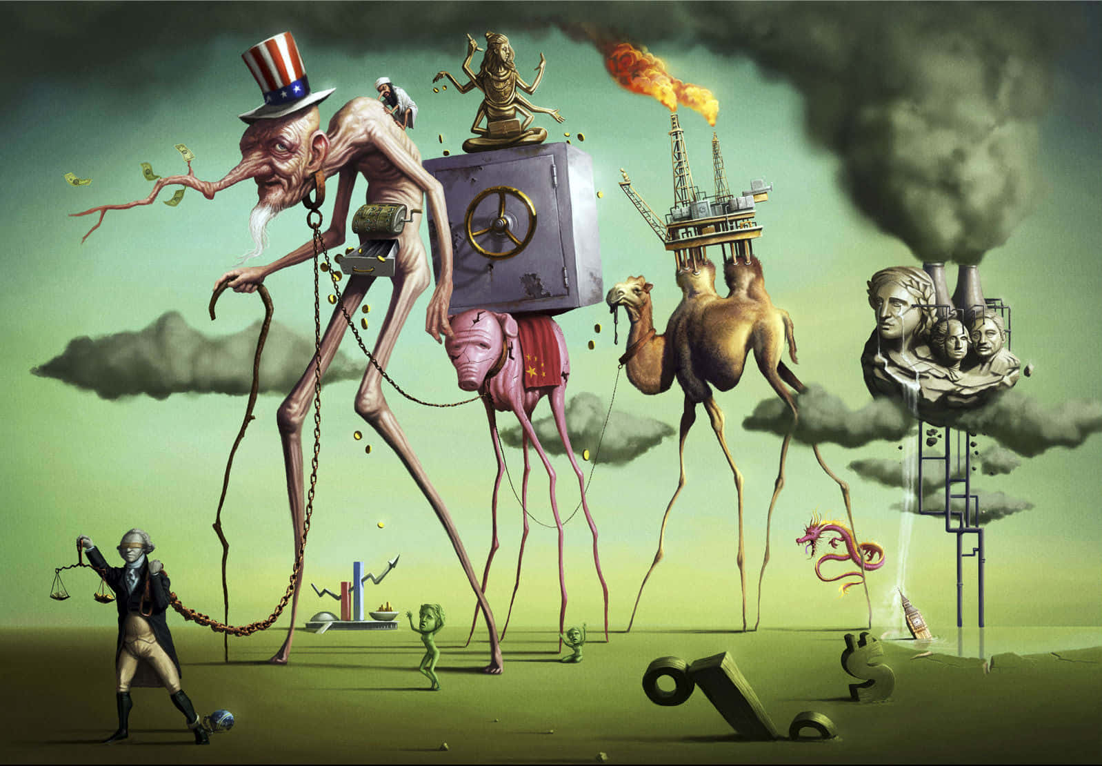 Surreal Art 桌布 壁紙 — 一個超現實的噩夢景觀，有巨大的骷髏人物、一隻駱駝背負著石油鑽井平台，以及一座在有毒煙霧下融化的雕像。
