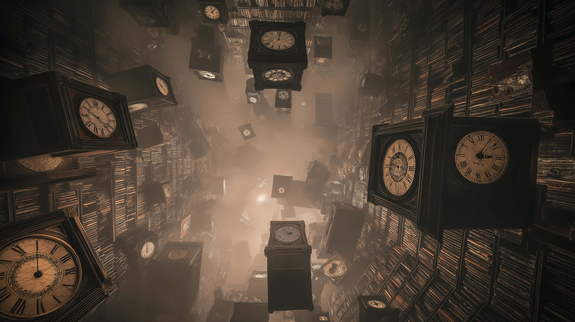 Floating Clocks in a Hazy, Mysterious Endless Library 壁紙 — 一個超現實的圖書館，在迷霧空氣中懸浮著古董時鐘，聳立的書架之間。
