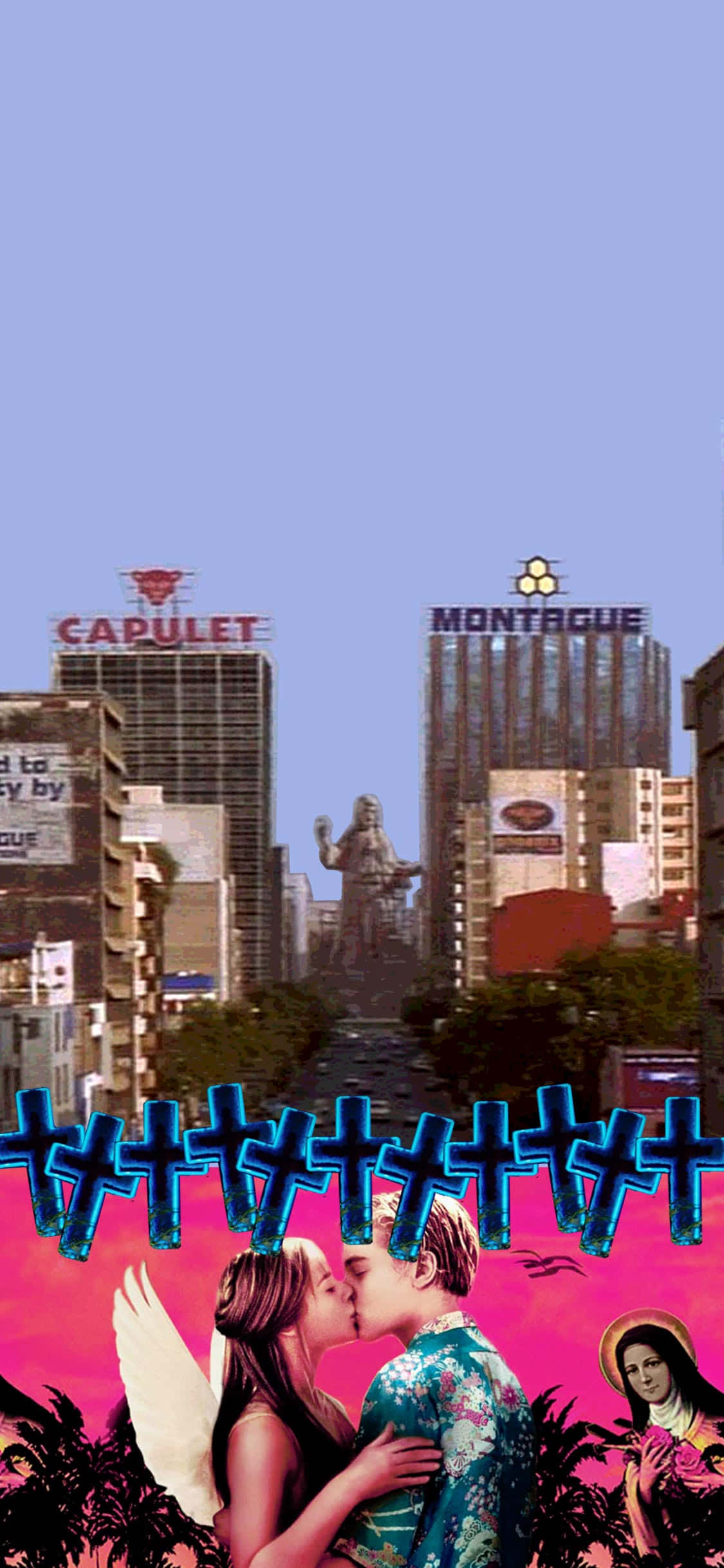 romeo and juliet 桌布 壁紙 — 一個超現實的城市景觀，一對接吻的情侶在粉紅色天空和藍色十字架下，兩旁是卡普萊特和蒙太古摩天大樓。