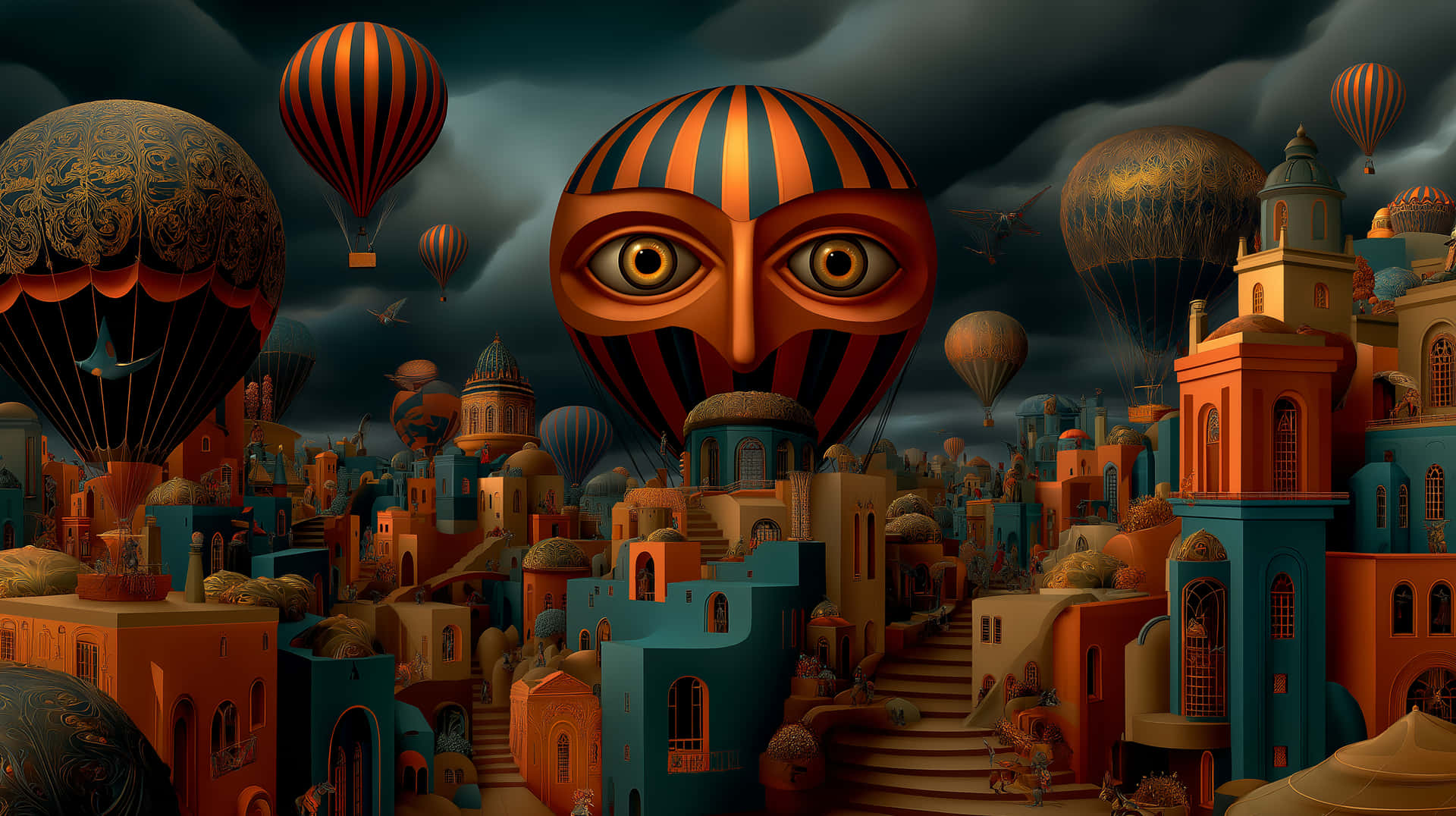 Dreamlike Landscape with Hot Air Balloons and Whimsical City 壁紙 — 一個超現實的城市景觀，有華麗的建築和巨大的條紋熱氣球，形狀像一張臉，在暴風雨的天空下。