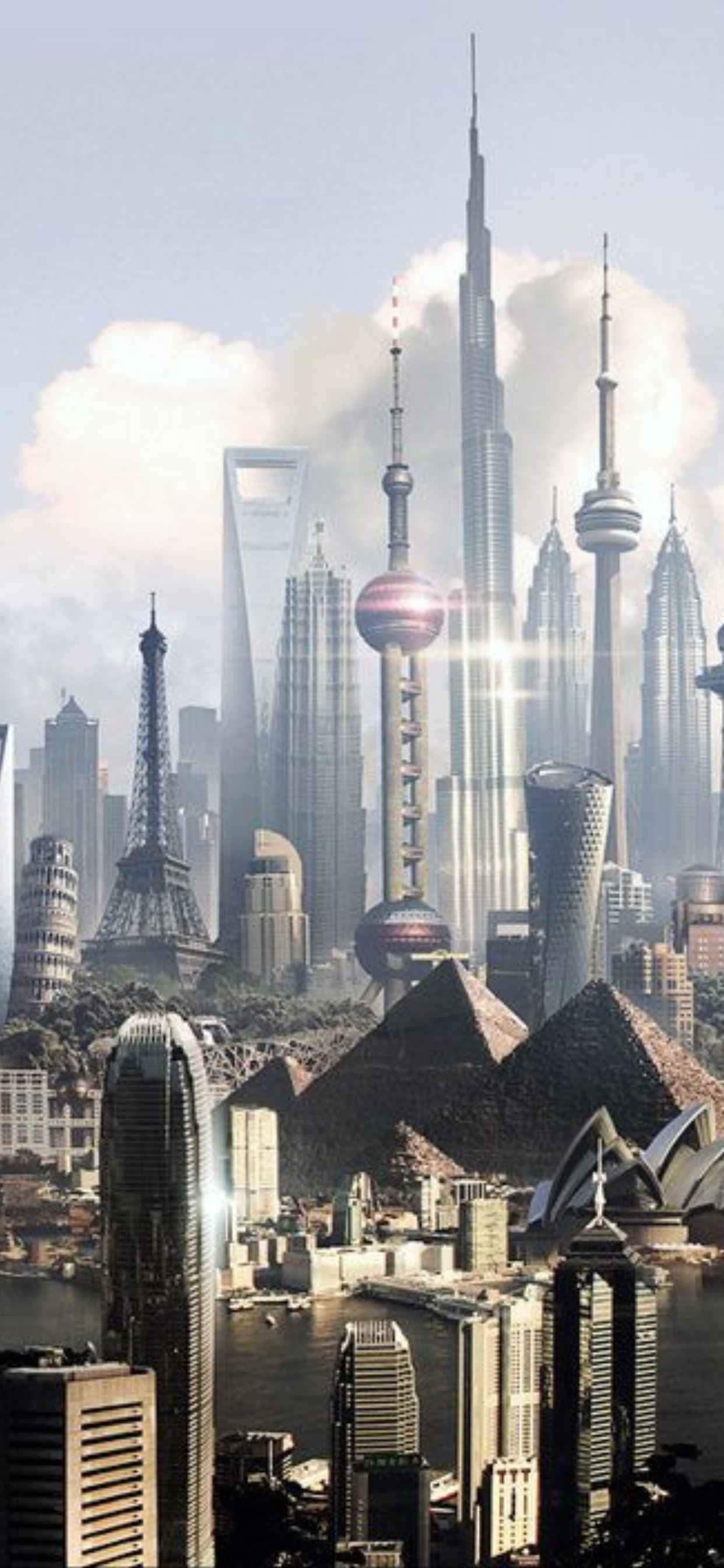 iPhone Xs Max Civilization V 桌布 壁紙 — 一個超現實的城市景觀，融合了全球地標，如艾菲爾鐵塔和哈里發塔，在陰雲密布的天空下。