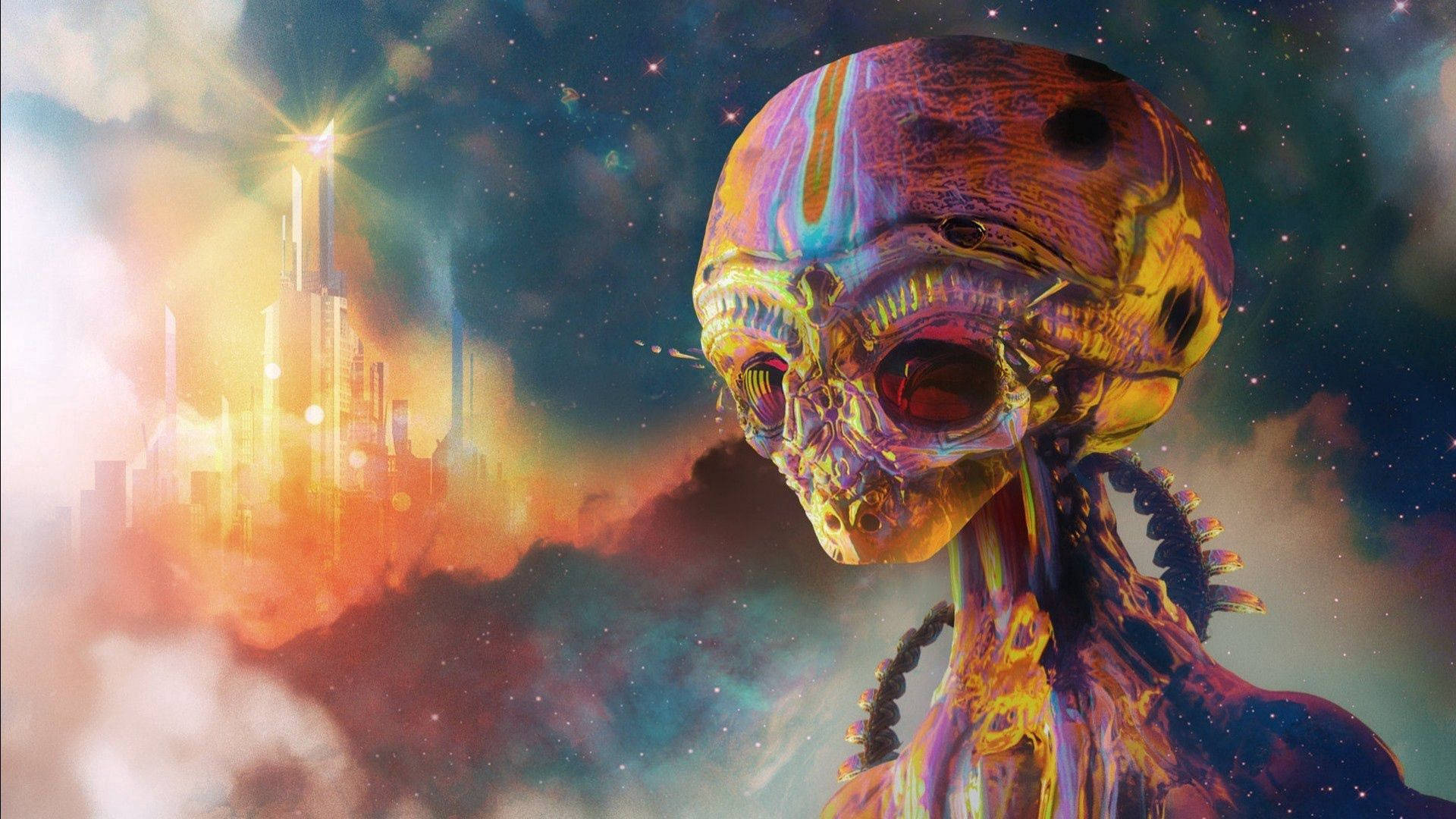 外星人 桌布 壁紙 — 一個超現實的外星人頭骨，眼睛發光，漂浮在宇宙雲層中，旁邊是閃耀的未來城市景觀。