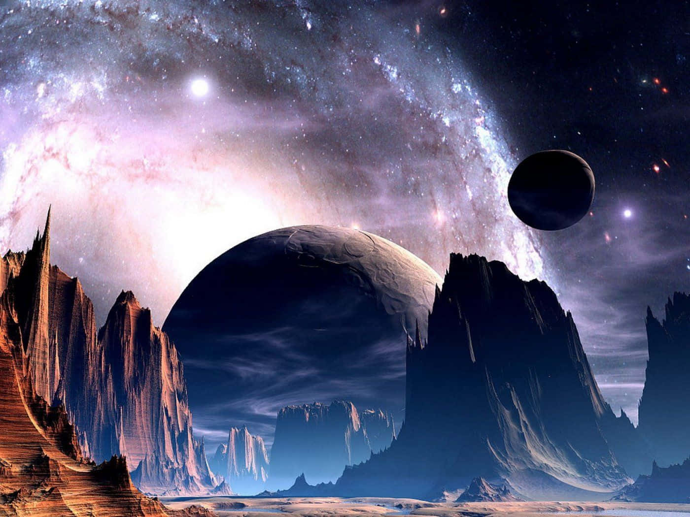 Earth Science 桌布 壁紙 — 一個超現實的外星景觀，在充滿星星和發光星雲的廣闊宇宙天空下，有鋸齒狀的紅色岩石 formations。