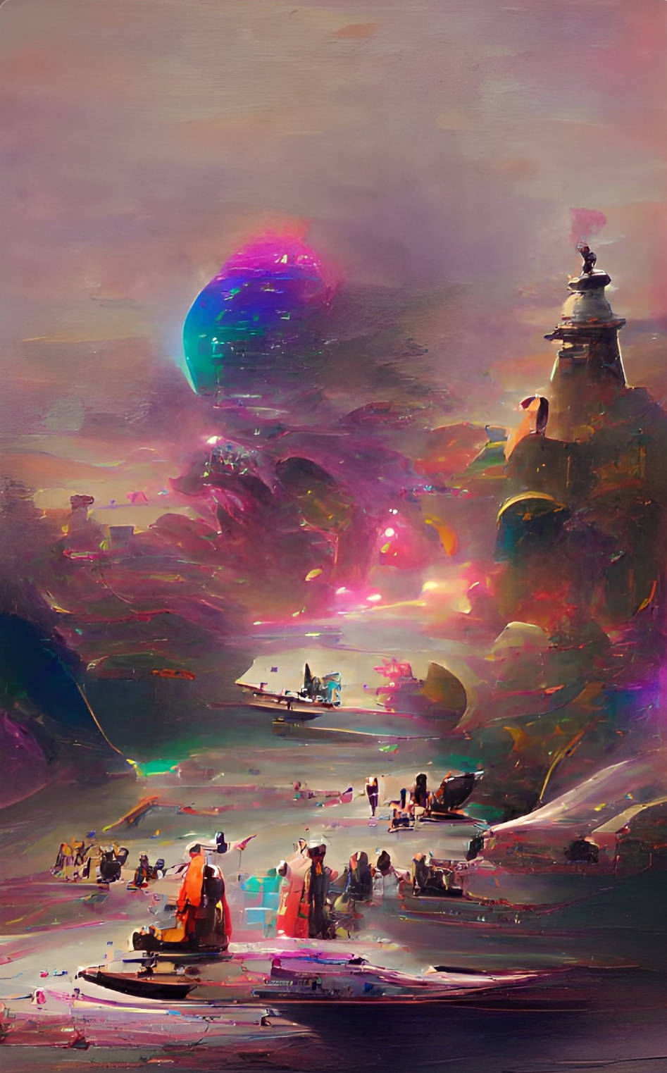 dreamscape 桌布 壁紙 — 一個超現實的外星景觀，在夢幻般的暮色天空下，有發光的紫色行星和漂浮的結構。