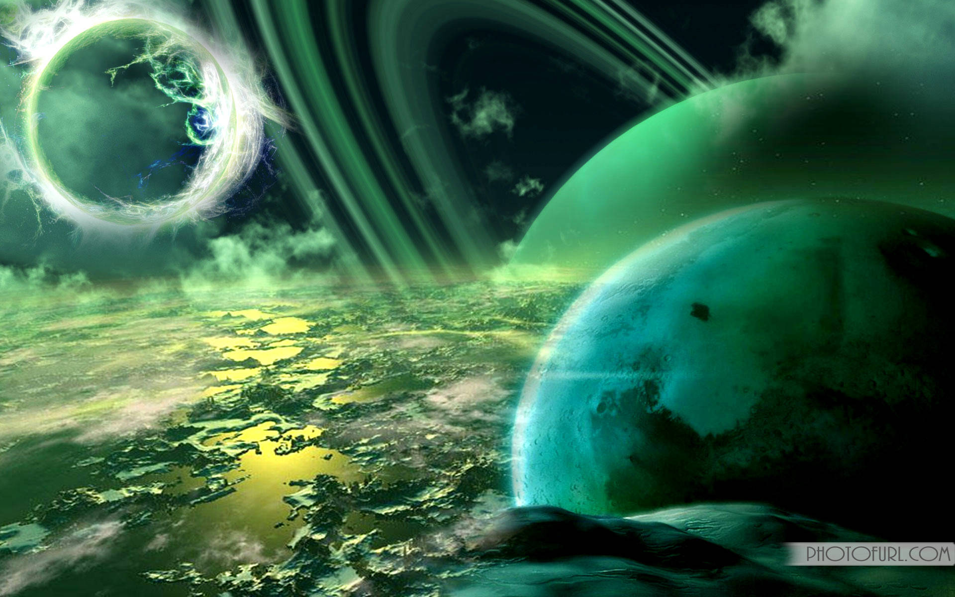 Animated Desktop 桌布 壁紙 — 一個超現實的外星景觀，在宇宙天空下有著發光的綠色行星和旋轉的能量環。
