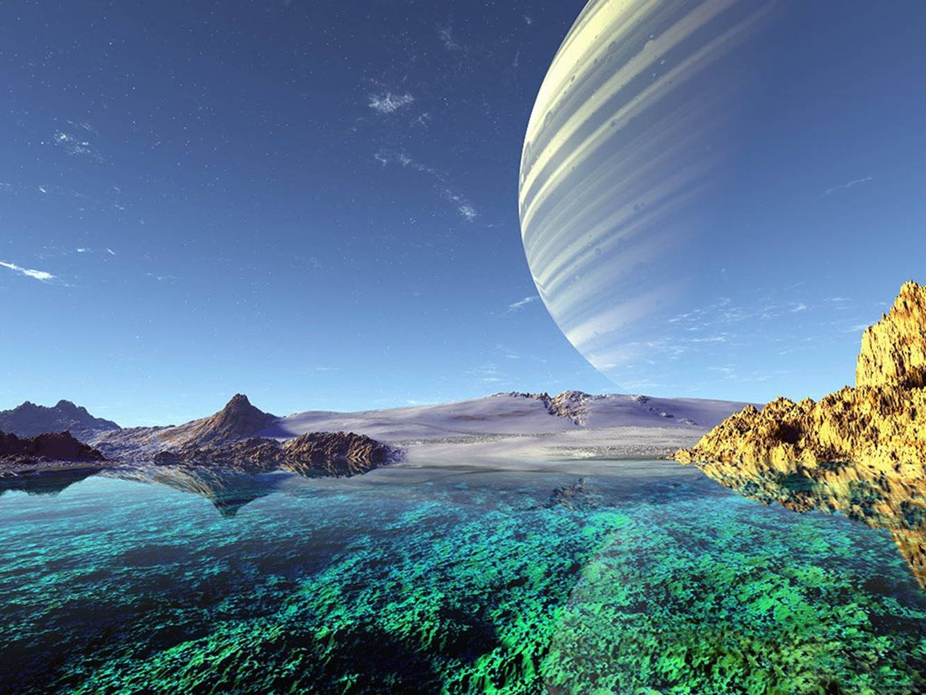 海灘 桌布 壁紙 — 一個超現實的外星景觀，在星空下，一個巨大的條紋行星籠罩在碧綠色的海洋和岩石海岸上。