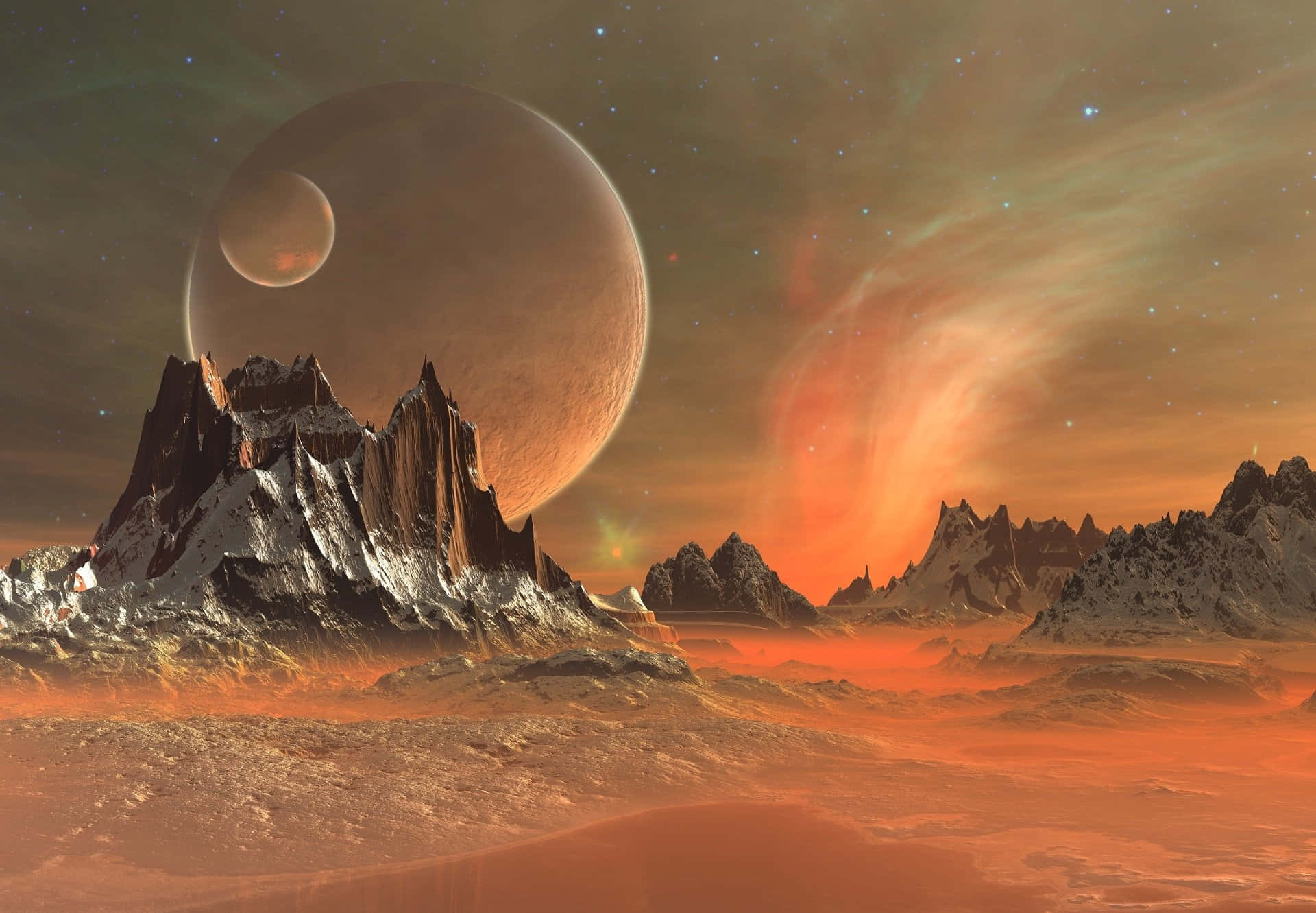 3d Landscape 桌布 壁紙 — 一個超現實的外星景觀，在繁星點點的天空下，巨大的橙色行星和新月下方有鋸齒狀的雪山。
