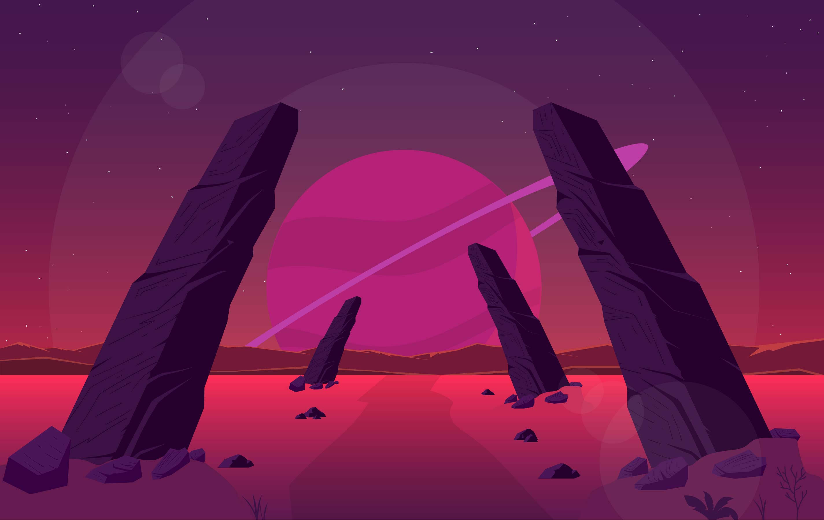 vector 桌布 壁紙 — 一個超現實的外星景觀，在閃爍的粉紅色行星（帶有光環）下，聳立著巨大的石碑，背景是星光燦爛的黃昏天空。