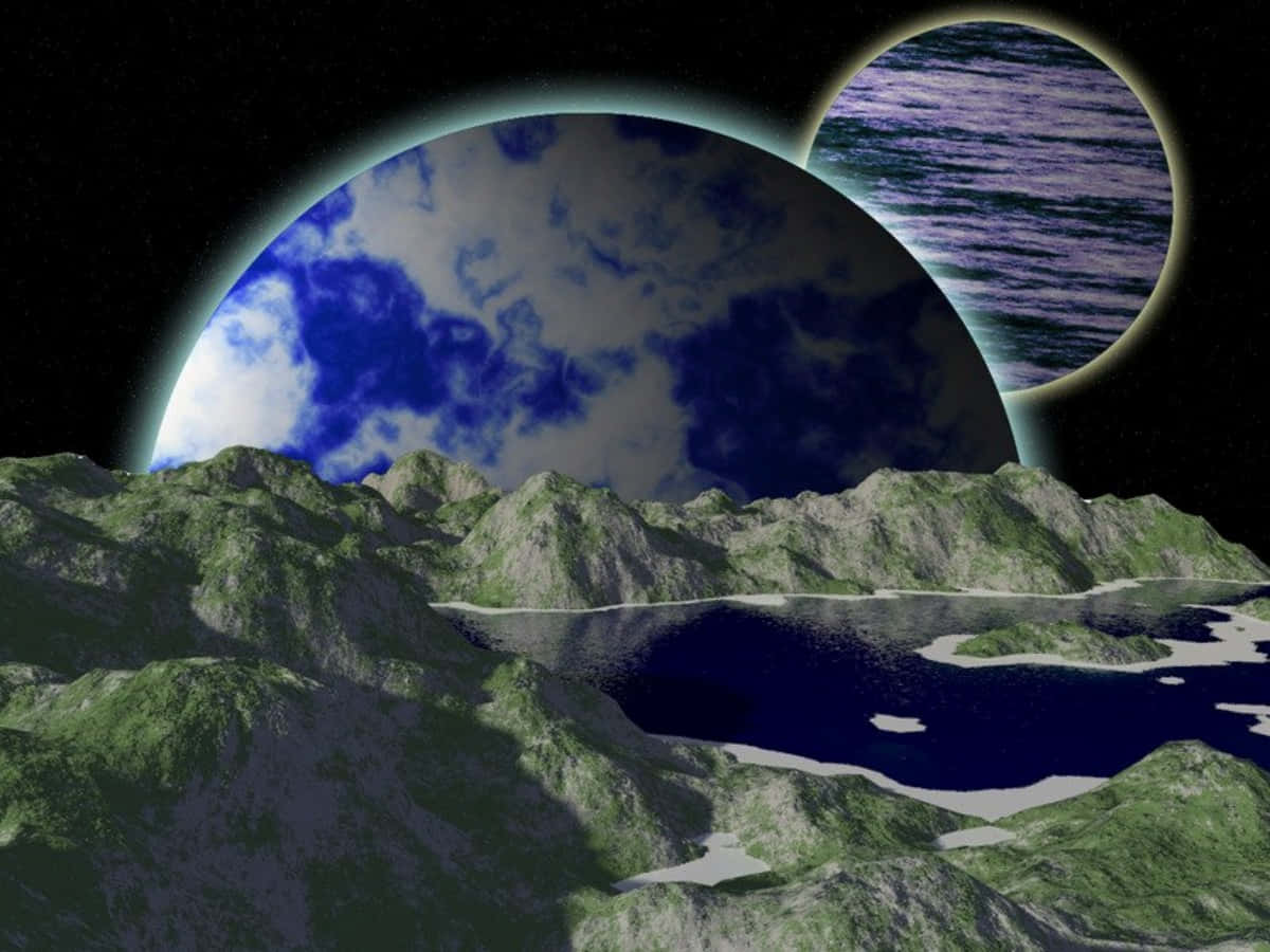 Terraforming 桌布 壁紙 — 一個超現實的外星景觀，有綠色山脈和一個黑暗的湖泊，在一個巨大的藍色行星和一個帶有紫色環的衛星之下。