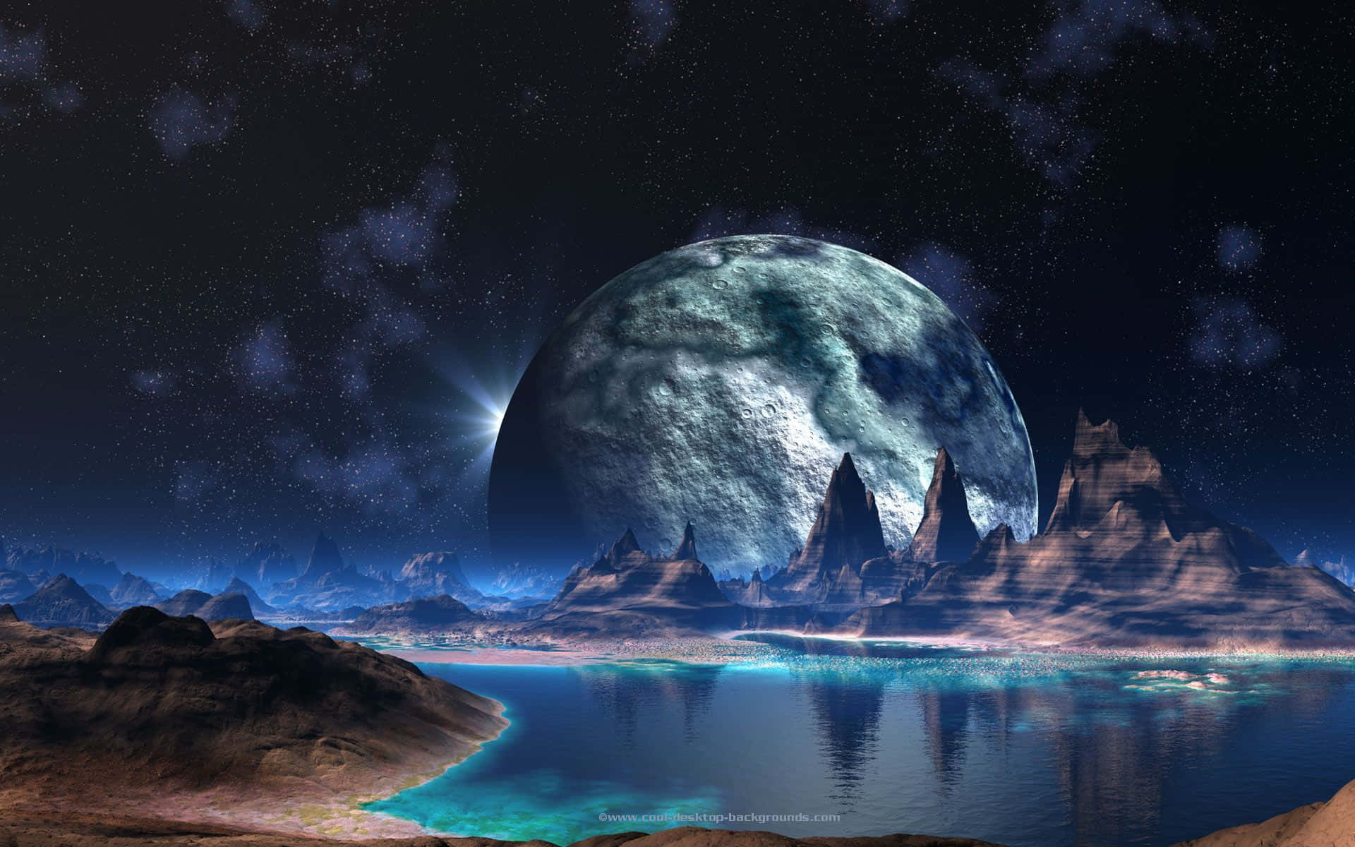 酷炫太空 桌布 壁紙 — 一個超現實的外星景觀，有鋸齒狀的山脈、發光的藍綠色湖泊，以及一個巨大的隕石坑月球，主宰著繁星點點的夜空。