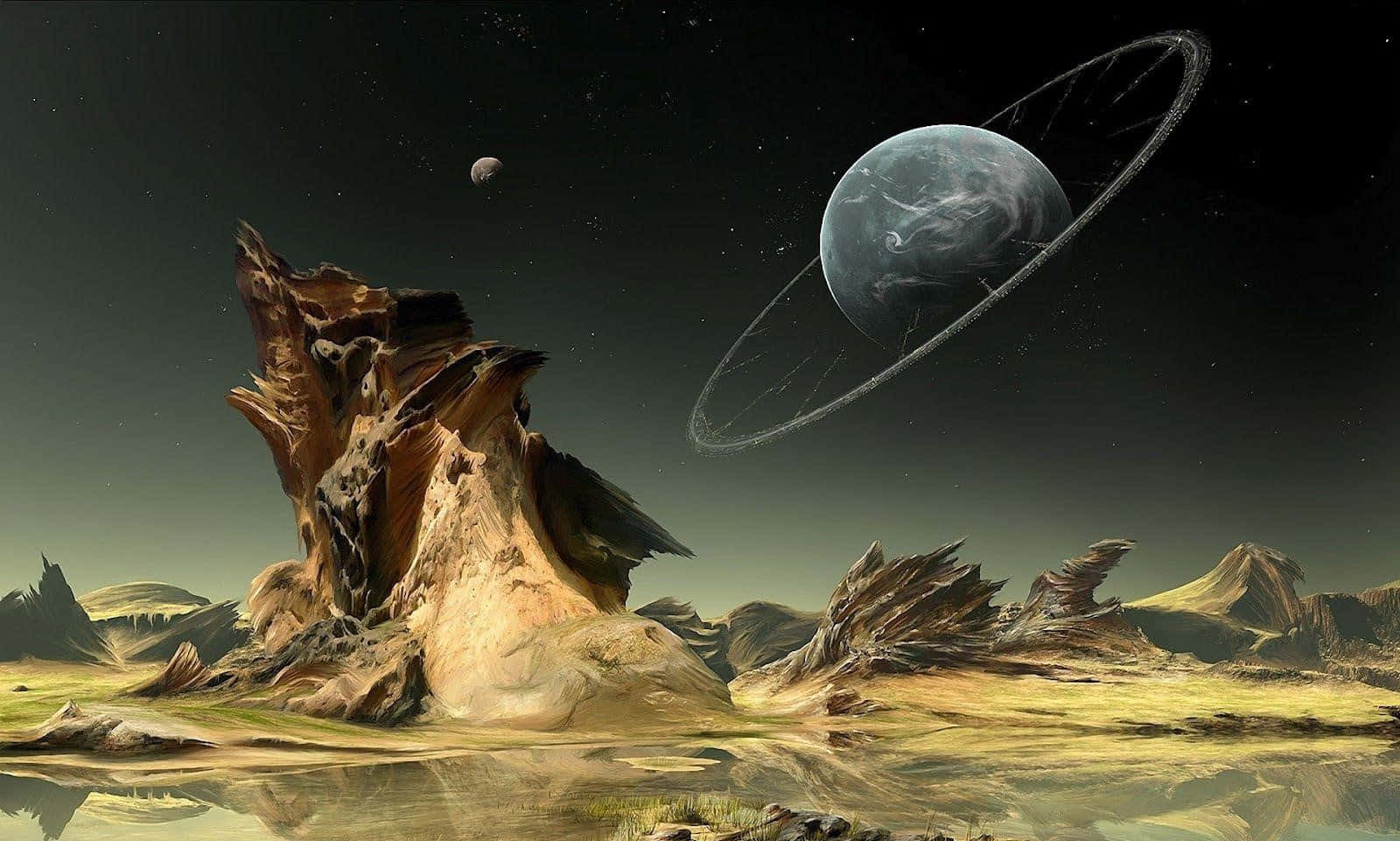 pluto 桌布 壁紙 — 一個超現實的外星景觀，有鋸齒狀的岩石結構和一個帶環的行星懸掛在繁星點點的夜空中。