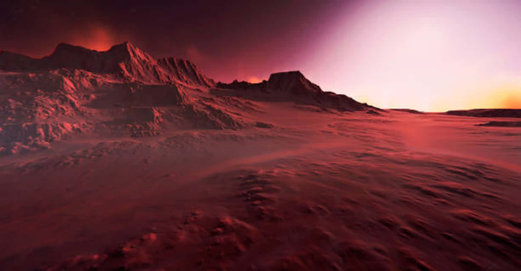Mars Surface 桌布 壁紙 — 一個超現實的外星景觀，沐浴在火紅和橙色的色調中，一顆發光的太陽在鋸齒狀的山脈後落下。