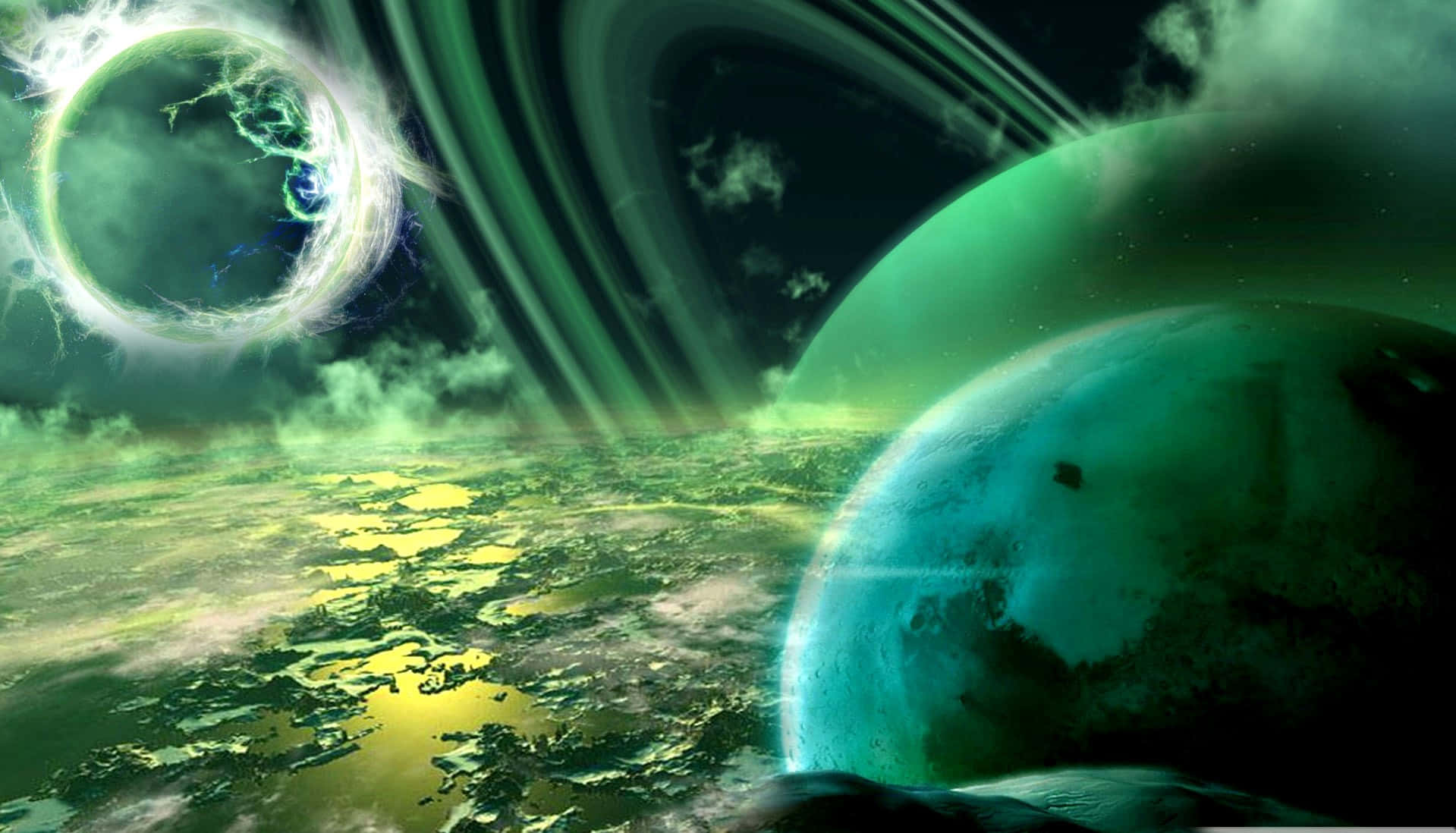 太空 桌布 壁紙 — 一個超現實的外星景觀，沐浴在詭異的綠光中，有浮空大陸和遠處發光的行星。