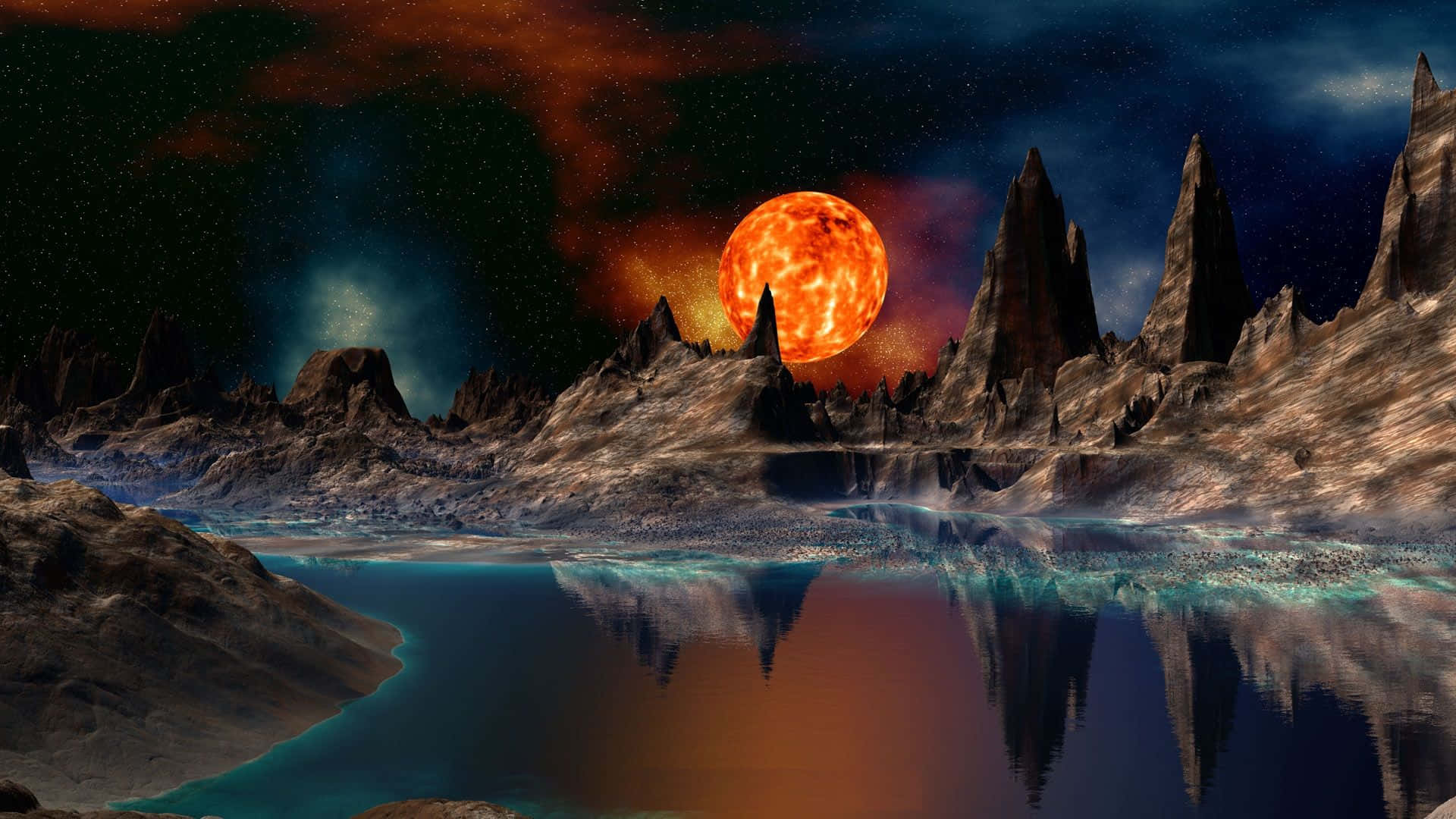 酷炫太空 桌布 壁紙 — 一個超現實的外星景觀，特色是鋸齒狀的山脈在巨大的火橙色太陽下反射，背景是星光燦爛的黃昏天空。