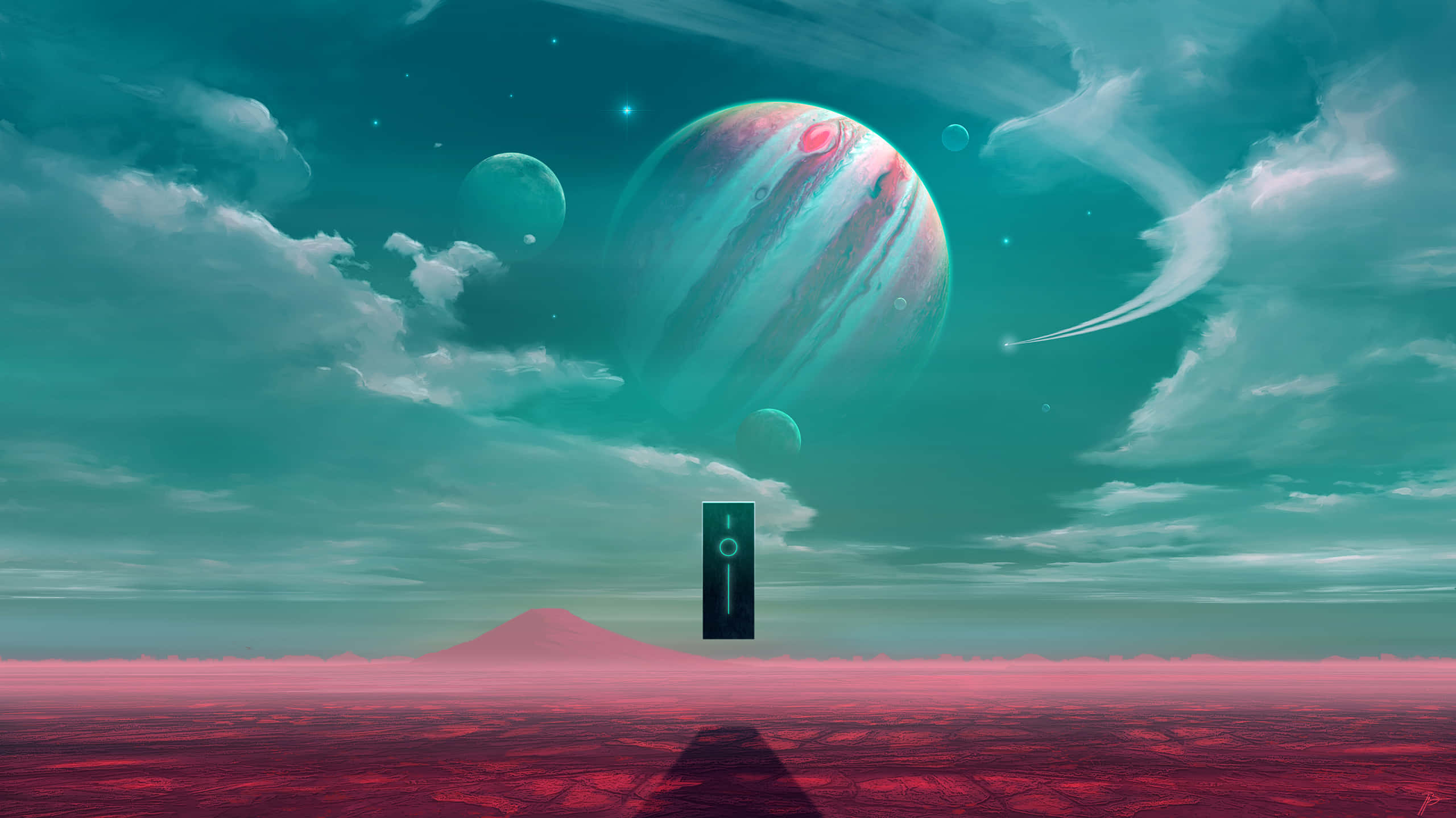 Desert 桌布 壁紙 — 一個超現實的外星景觀，粉紅色地形和藍綠色天空，有一個巨大的條紋行星和漂浮的巨石。