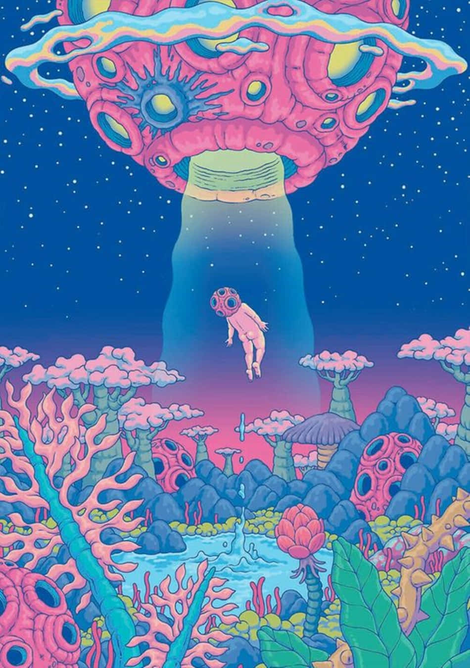  壁紙 — 一個超現實的外星景觀，粉紅色珊瑚狀結構漂浮在發光的池子上方，一個小太空人在下方漂流。