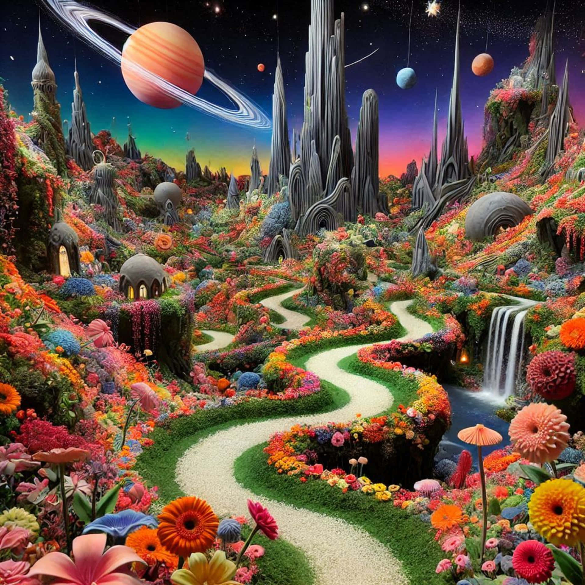 Imaginary worlds 壁紙 — 一個超現實的外星花園，有蜿蜒的小徑、鮮豔的花朵和高聳的尖塔，在星空下環繞著行星。