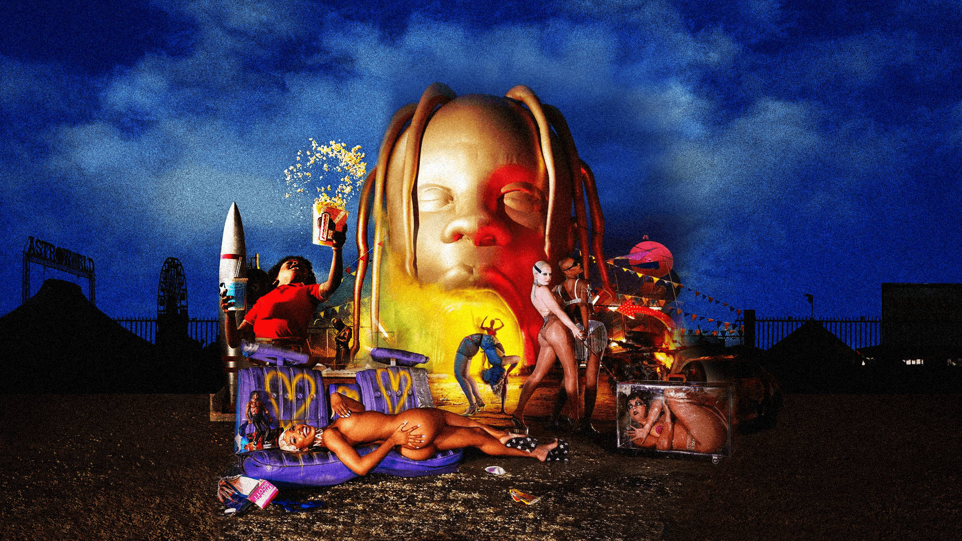 Astroworld 桌布 壁紙 — 一個超現實的夜晚場景，一個巨大的發光頭部帶有辮子，周圍是衣著暴露的人物和折衷的道具，在暴風雨的天空下。
