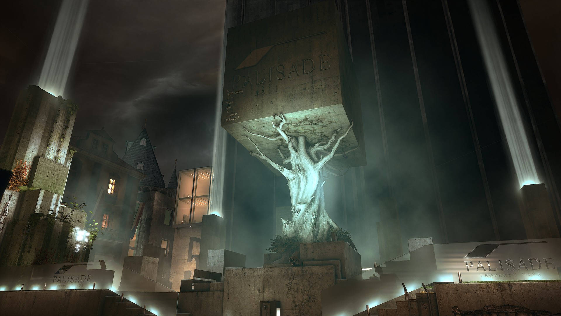 Divided 桌布 壁紙 — 一個超現實的夜景，一棵發光的樹支撐著一塊標有「PALISADE」的巨大石塊，周圍是迷霧中的廢墟，光束穿透天空。