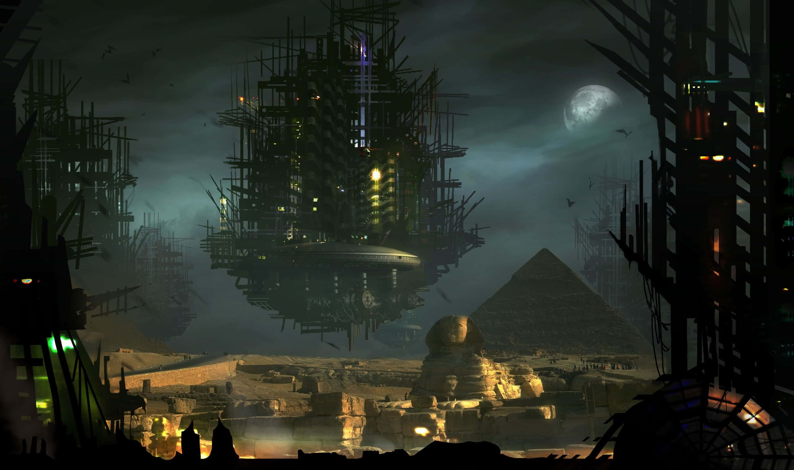 Terraforming 桌布 壁紙 — 一個超現實的夜景，古埃及金字塔和獅身人面像與漂浮的未來巨型建築在發光的月亮下共存。