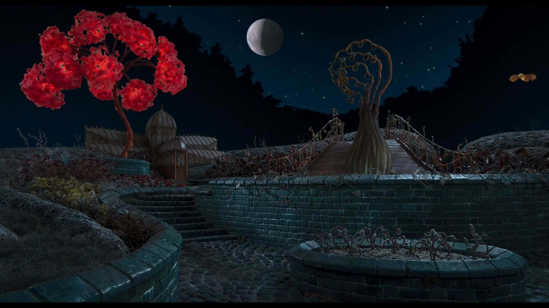 卡洛琳 桌布 壁紙 — 一個超現實的夜景，有發光的紅樹、石橋和星空下的新月。