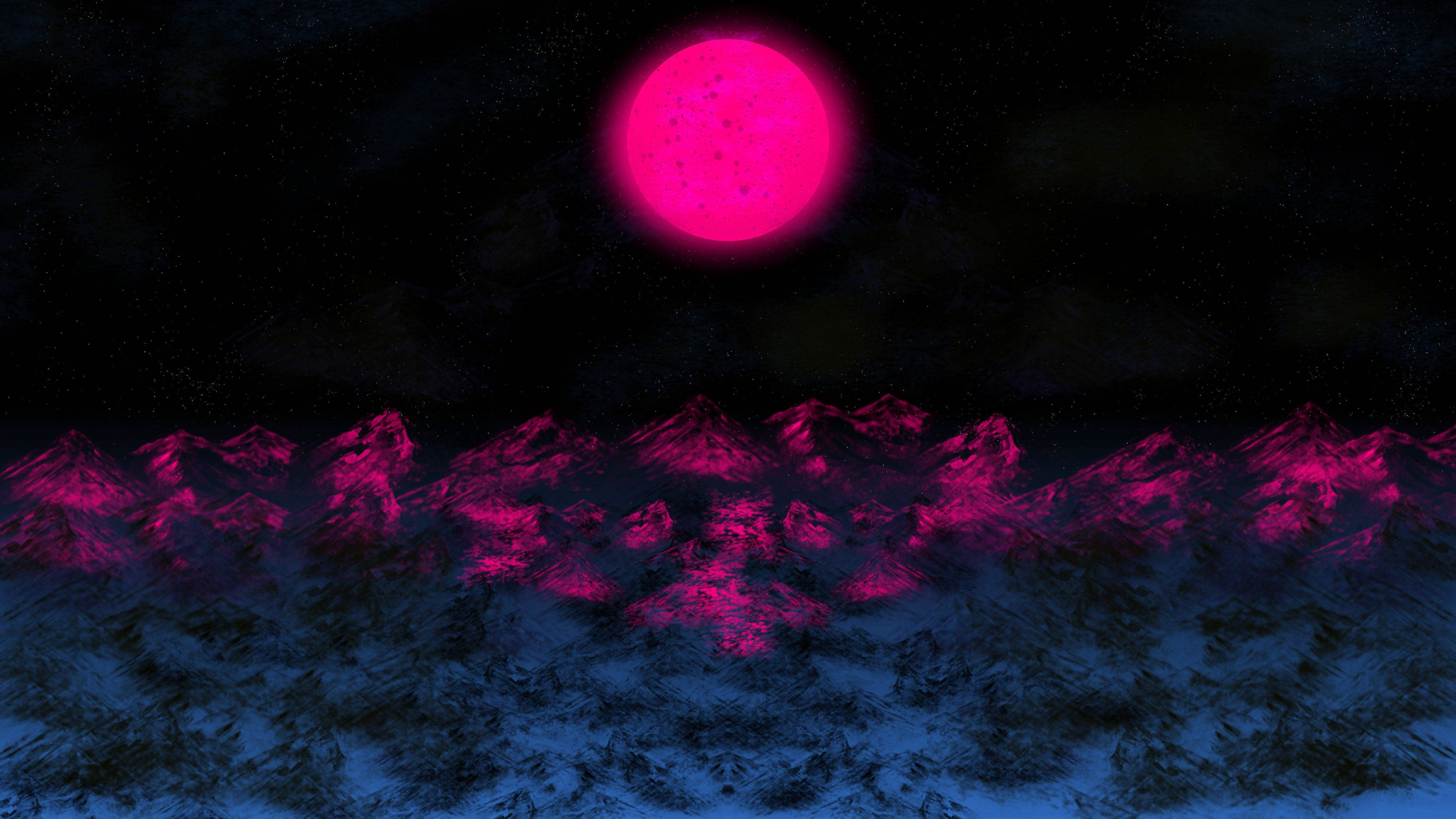 Outrun 桌布 壁紙 — 一個超現實的夜景，發光的粉紅色月亮在星空下將霓虹燈光投射在積雪的山峰上。