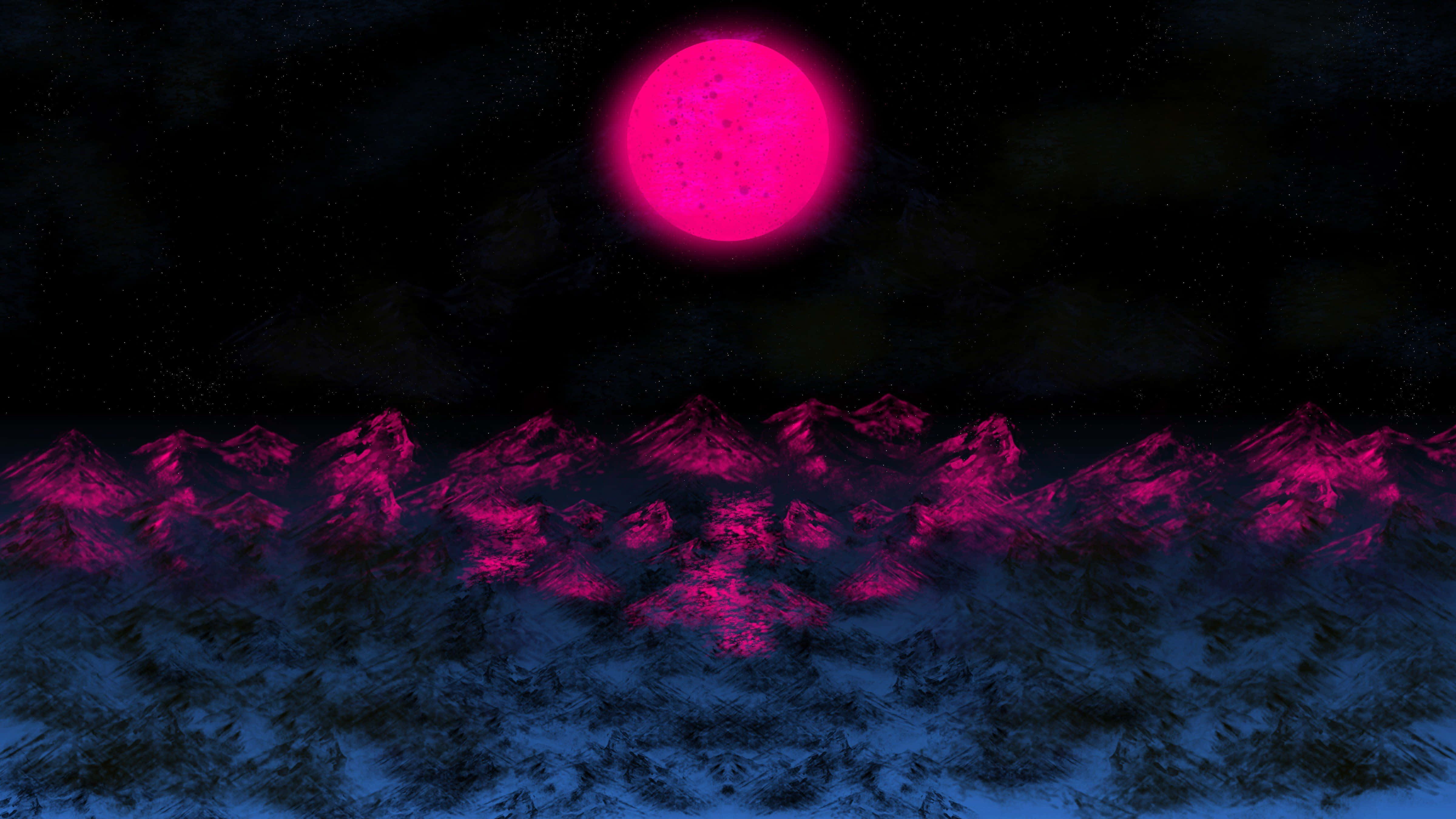 Outrun 桌布 壁紙 — 一個超現實的夜景，發光的粉紅色月亮在星空下將霓虹燈光投射在積雪的山峰上。