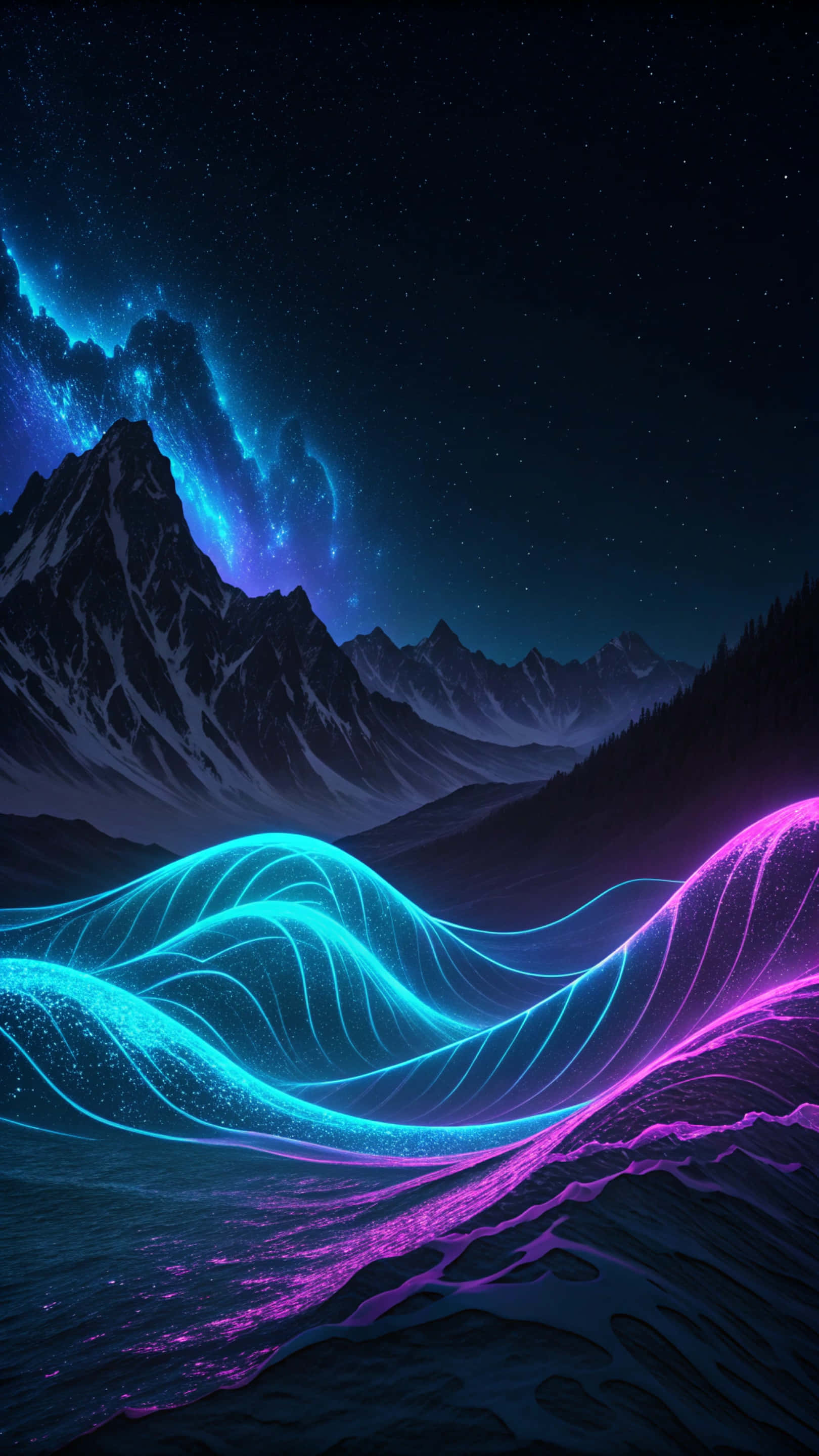 漸層 桌布 壁紙 — 一個超現實的夜景，發光的霓虹藍色和紫色波浪在星空和極光下的山區景觀中流動。