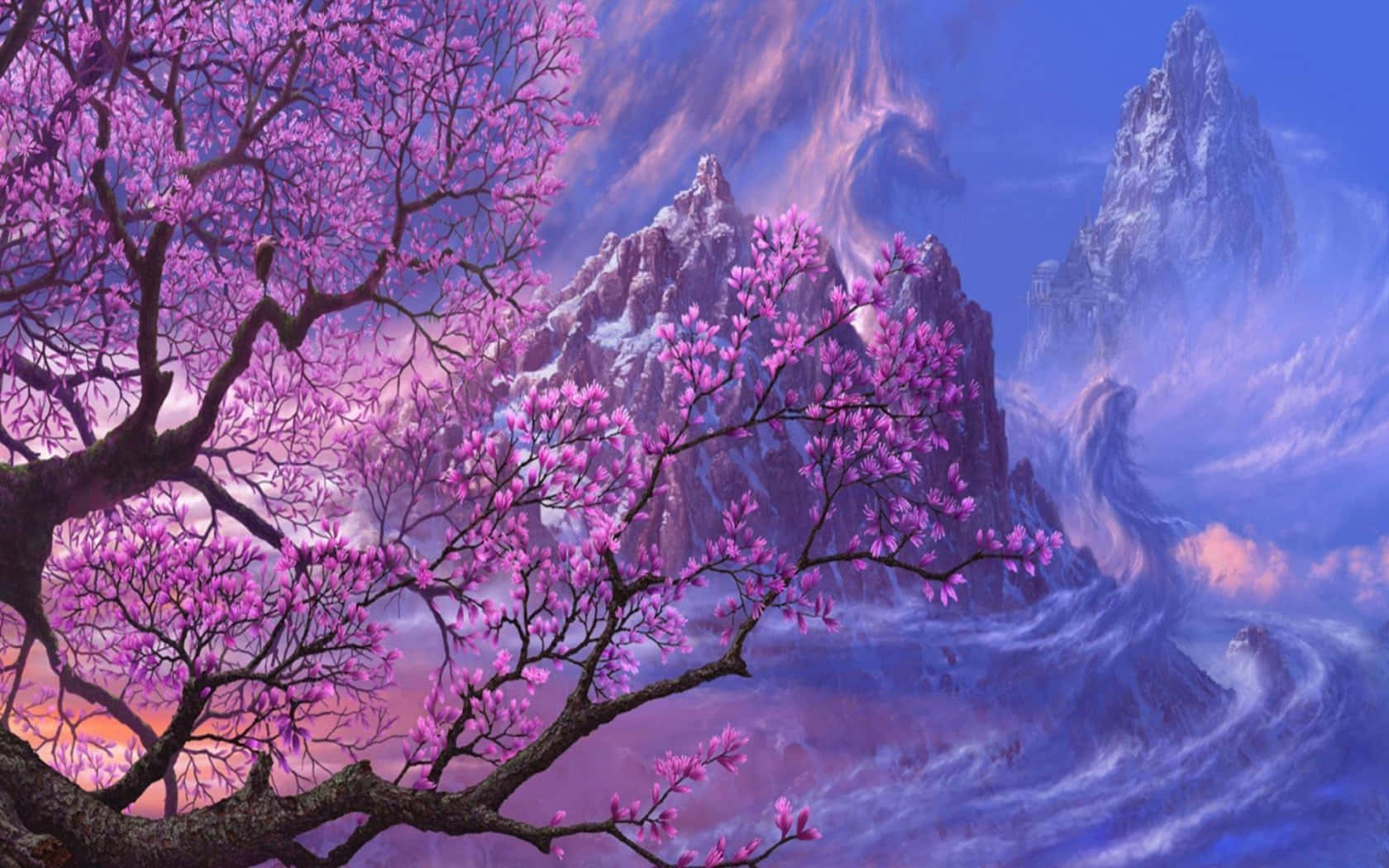 Pink Anime 桌布 壁紙 — 一個超現實的奇幻景觀，在暮色天空下，雪山前有一棵盛開的紫色樹。