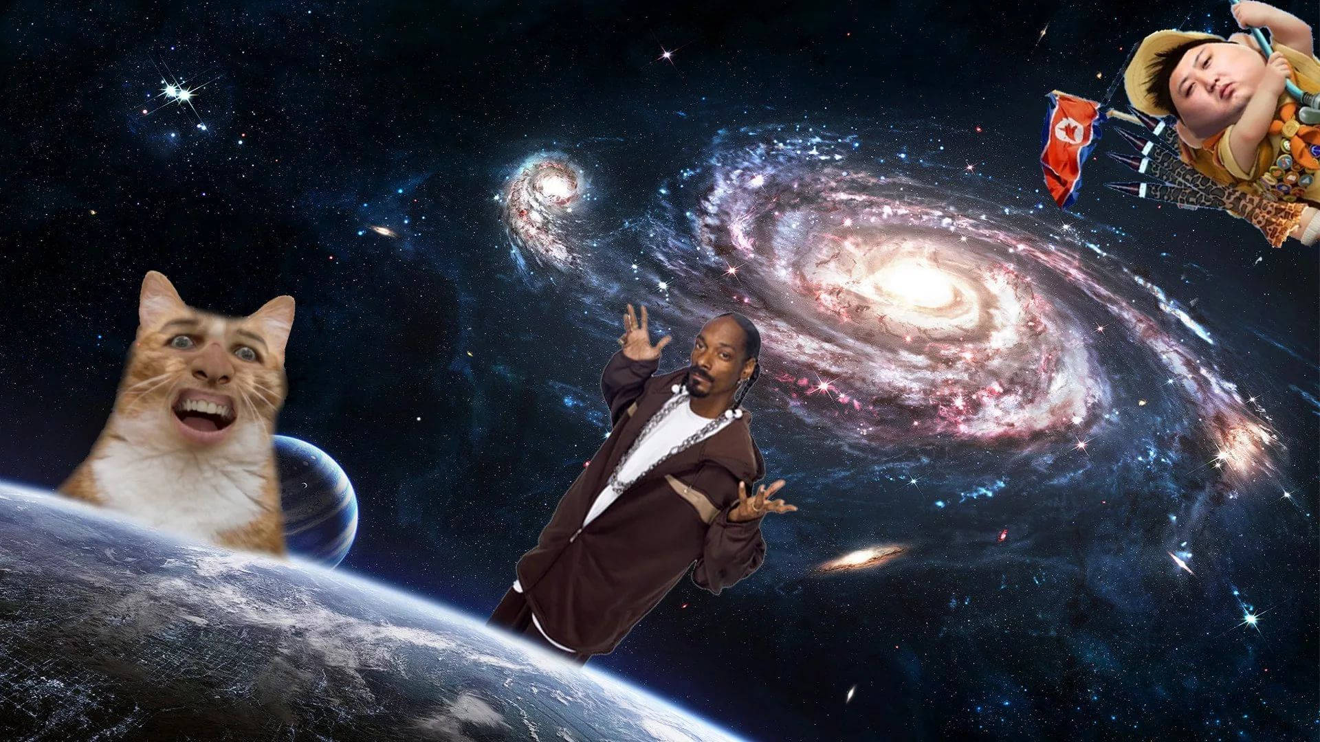 meme 桌布 壁紙 — 一個超現實的宇宙場景，Snoop Dogg、一隻震驚的貓和一個手持北韓旗幟的人物漂浮在地球和充滿活力的星系之上。
