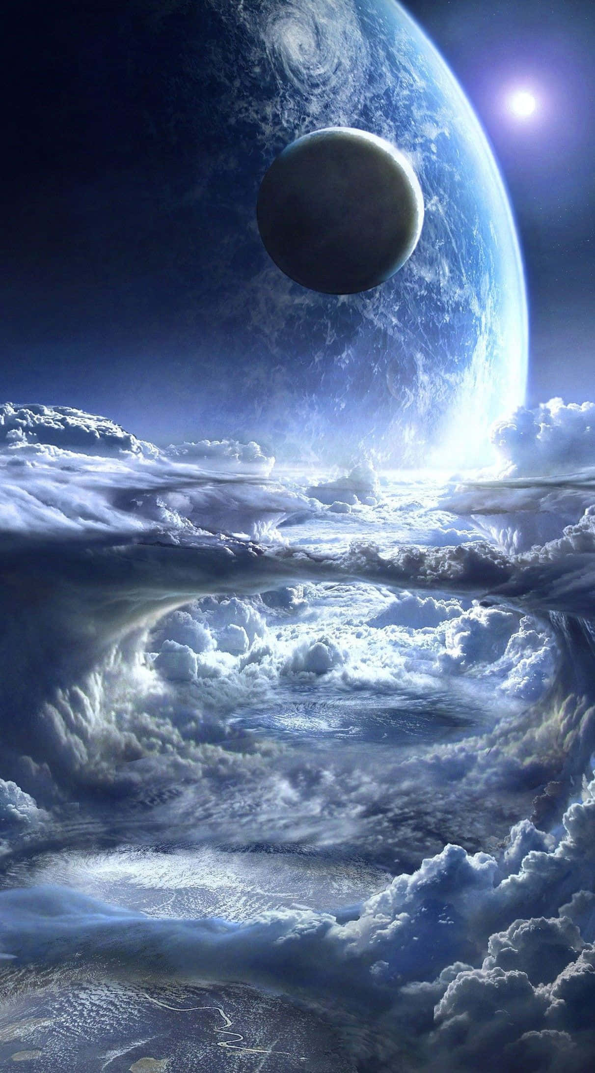 太空電話 桌布 壁紙 — 一個超現實的宇宙場景，一顆行星和月亮漂浮在旋轉的雲海之上，下方是明亮的太陽。