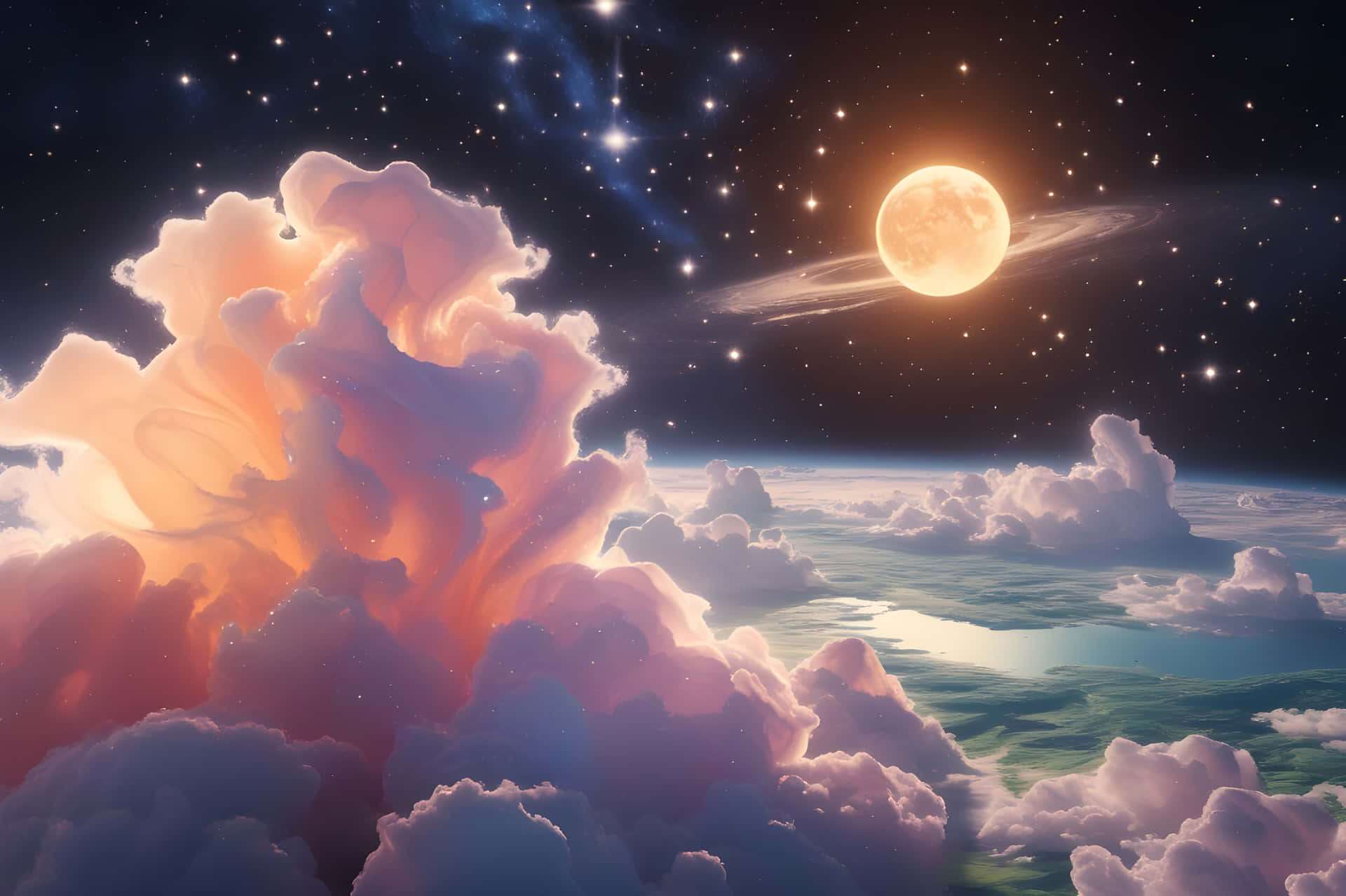A beautiful galaxy planet 壁紙 — 一個超現實的宇宙場景，發光的月亮和帶環行星懸掛在行星的地平線之上，沐浴在粉紅色、紫色和橙色的雲層中，星空下。