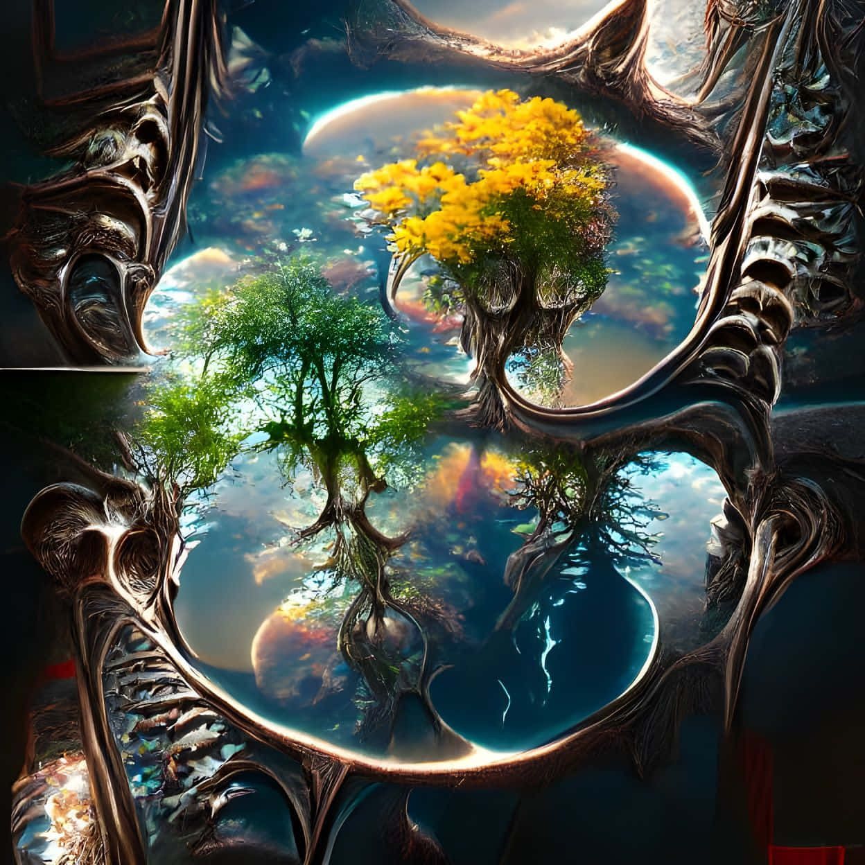 Tree Of Life 桌布 壁紙 — 一個超現實的宇宙場景，發光的樹木倒映在液體鏡子中，周圍環繞著黑暗的有機結構。