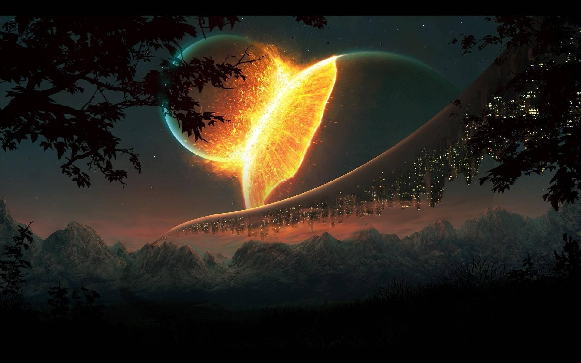 高清 桌布 壁紙 — 一個超現實的宇宙場景，發光的橙色行星劃過暮色天空，下方是雪山和漂浮城市。