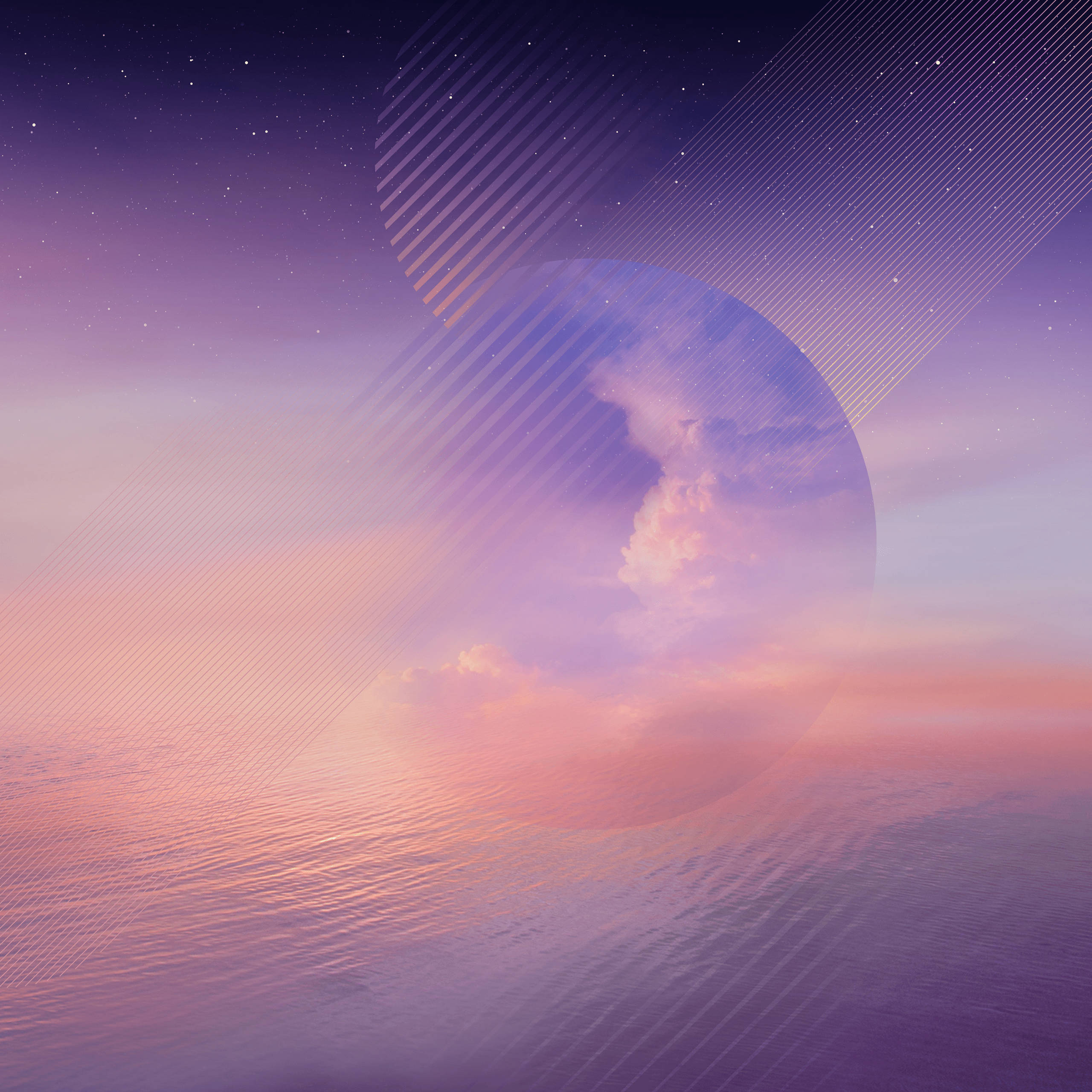 Note 8 桌布 壁紙 — 一個超現實的宇宙場景，發光的行星在繁星點點的暮色天空下反射在漣漪的紫色海洋中。