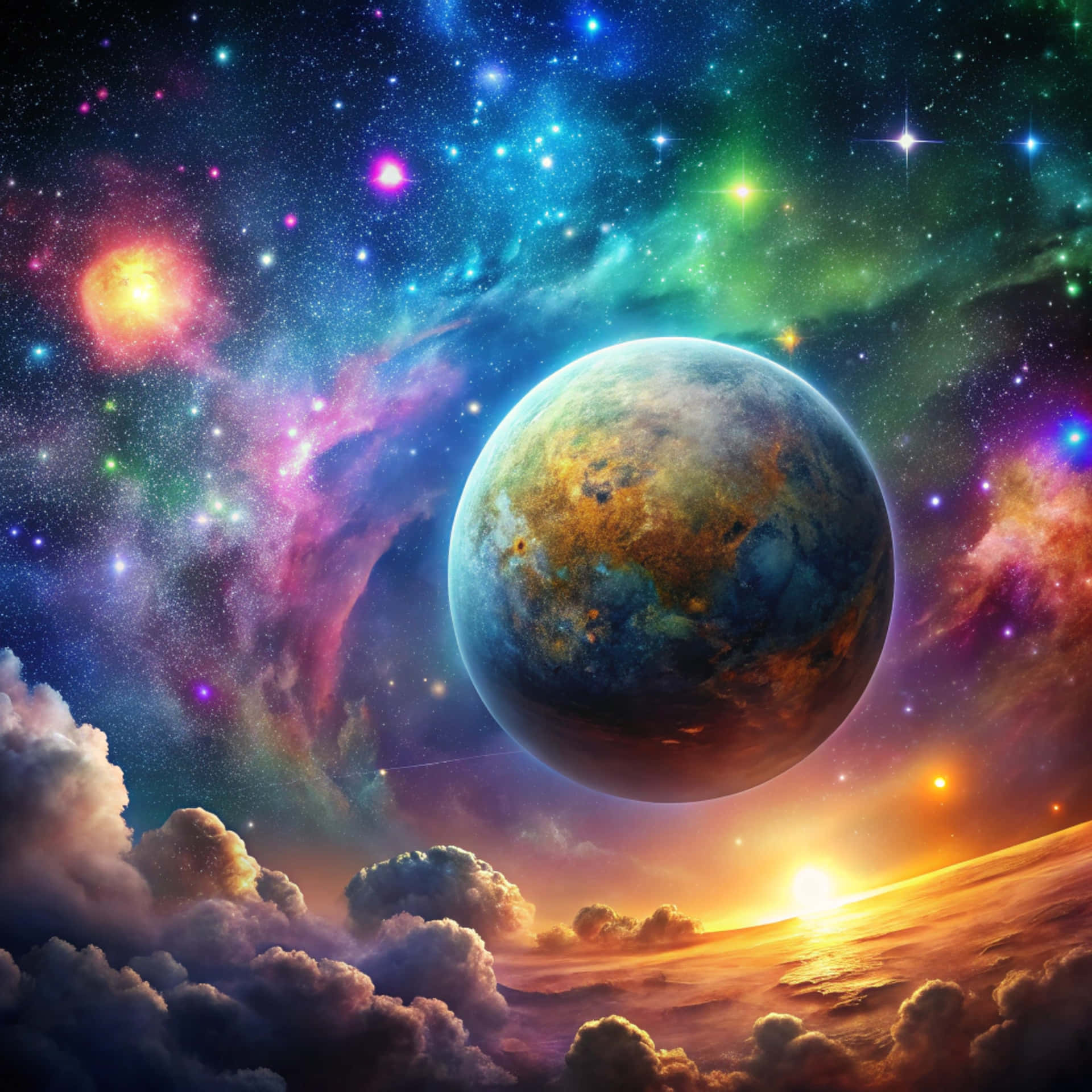 Imaginary planet with night sky 壁紙 — 一個超現實的宇宙場景，行星漂浮在雲層之上，鮮豔的星雲和星星在背景中閃耀。
