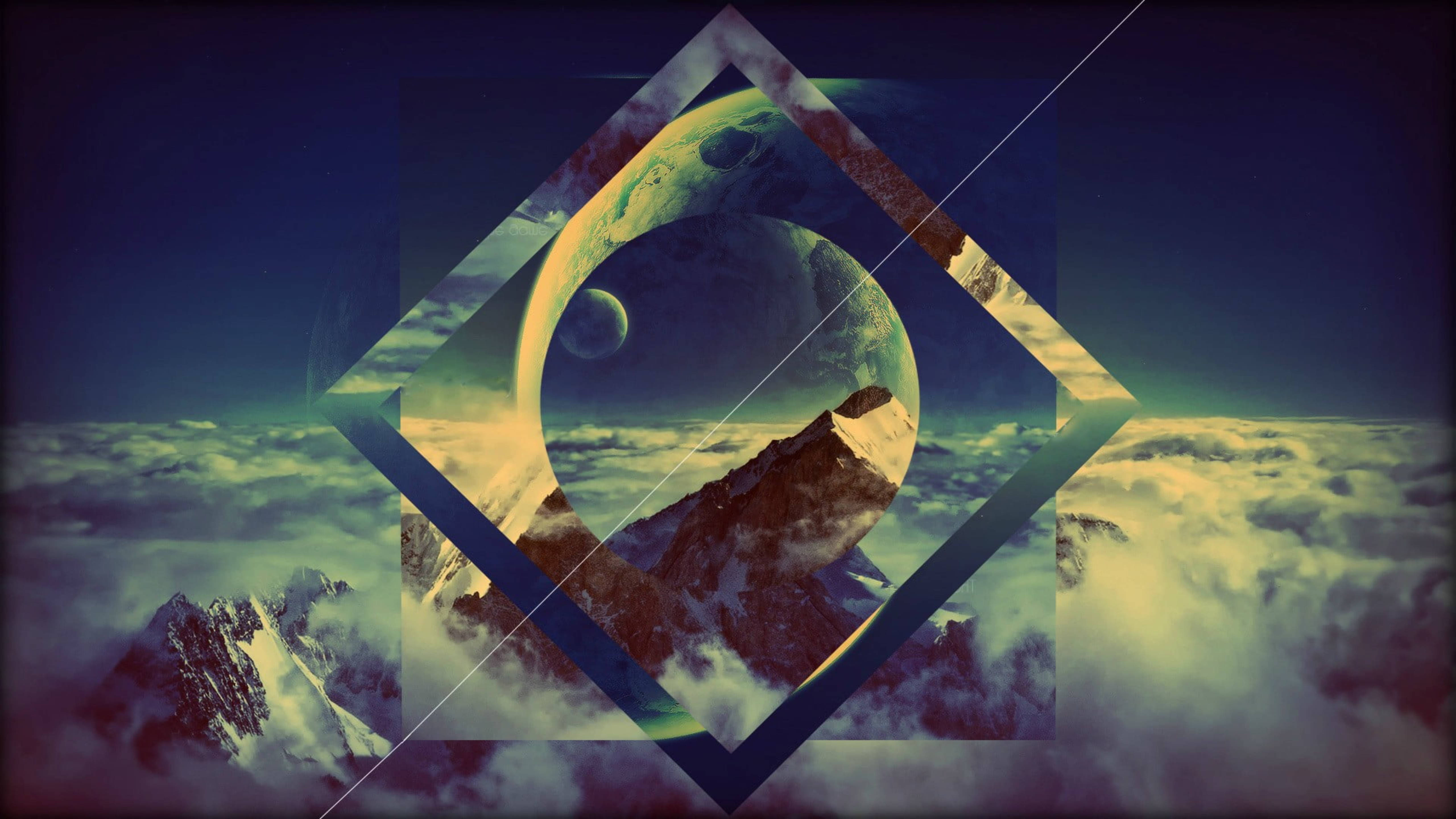 Polyscape 桌布 壁紙 — 一個超現實的宇宙場景，鑽石框架的行星和月亮漂浮在積雪的山峰之上，穿過雲層。